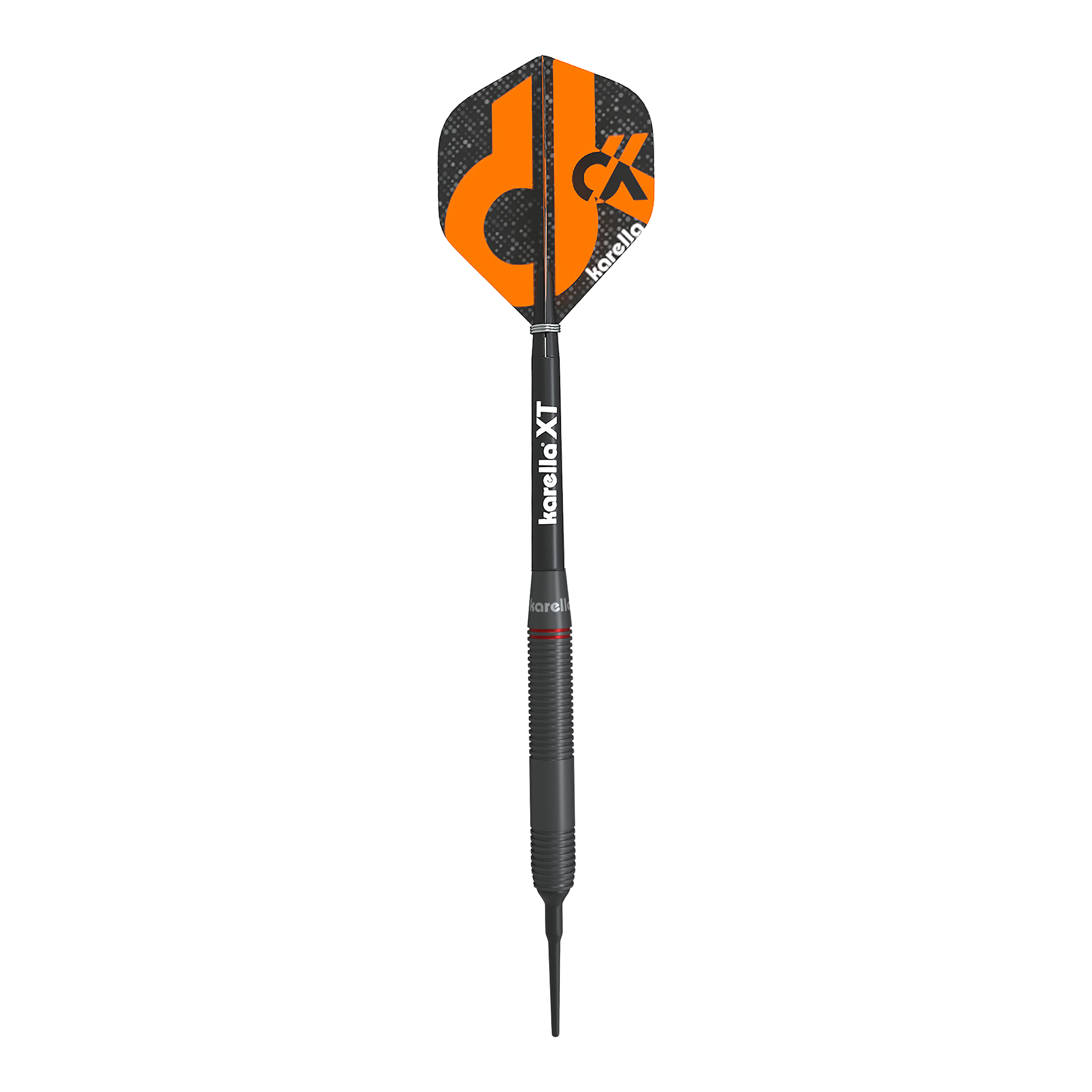 Karella Daniel Klose soft darts Das Bild zeigt einen Softdart der Marke Karella, Modell Daniel Klose. Der Dartpfeil hat eine schwarze Spitze und ein schwarzes Flight mit orangefarbenem Design und dem Karella-Logo.