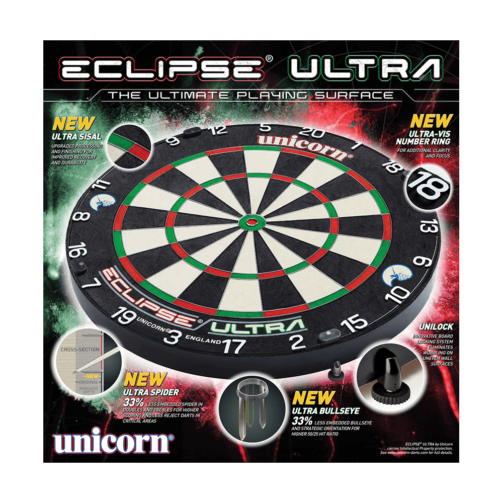 Unicorn Eclipse Ultra steel dartboard Das Bild zeigt das Produkt "Unicorn Eclipse Ultra Steeldartboard" in seiner Verpackung. Es hebt neue Features wie Ultra Sisal, Ultra Spider und Ultra Bullseye hervor.