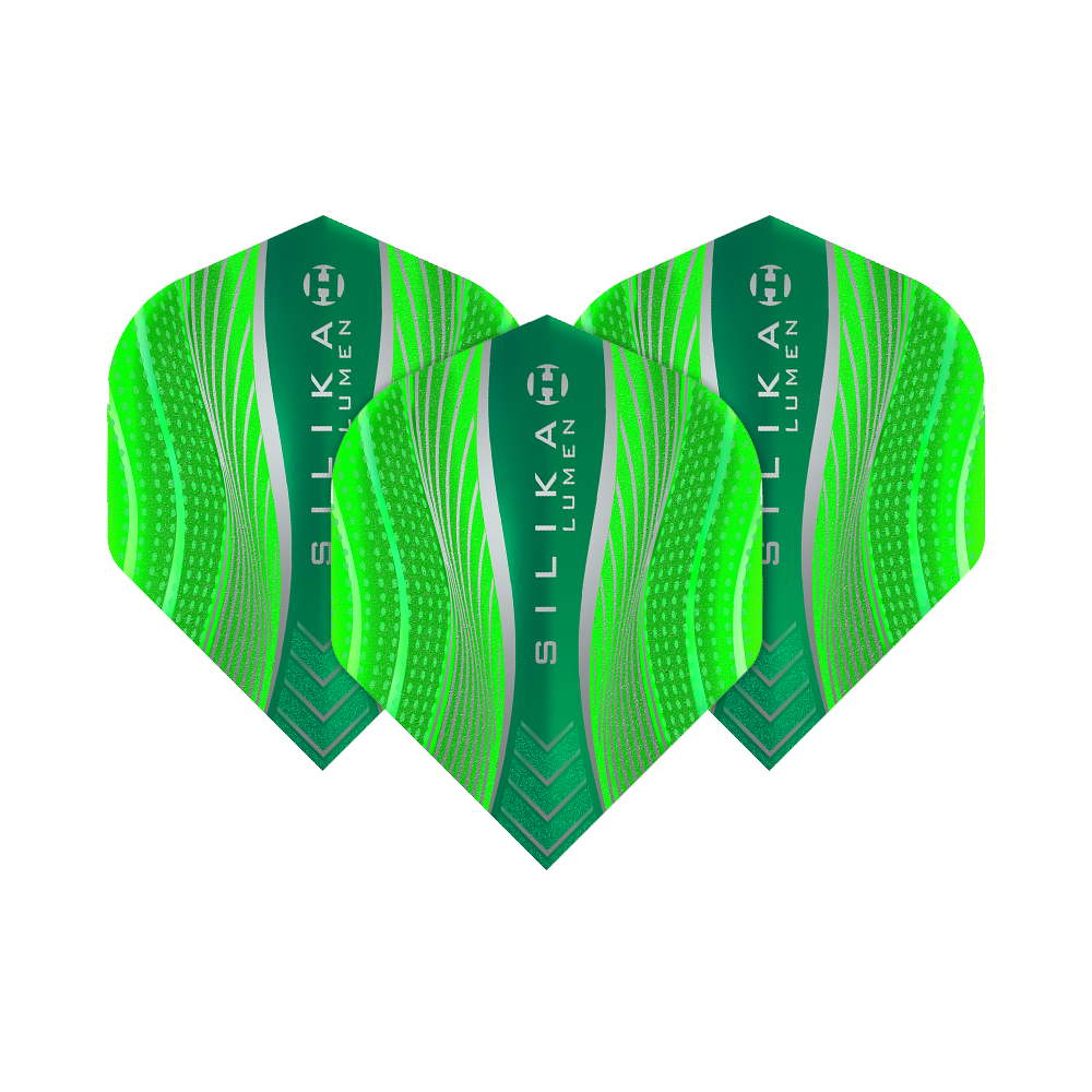 HR63_Harrows_Silika_Lumen_Green_No2_Standard_Flights_1VYF19BE5aETts Das Bild zeigt drei grüne Harrows Silika Lumen No2 Standard Flights. Die Flights haben ein modernes Muster mit weißen und grünen Linien sowie der Aufschrift "SILIKA LUMEN".