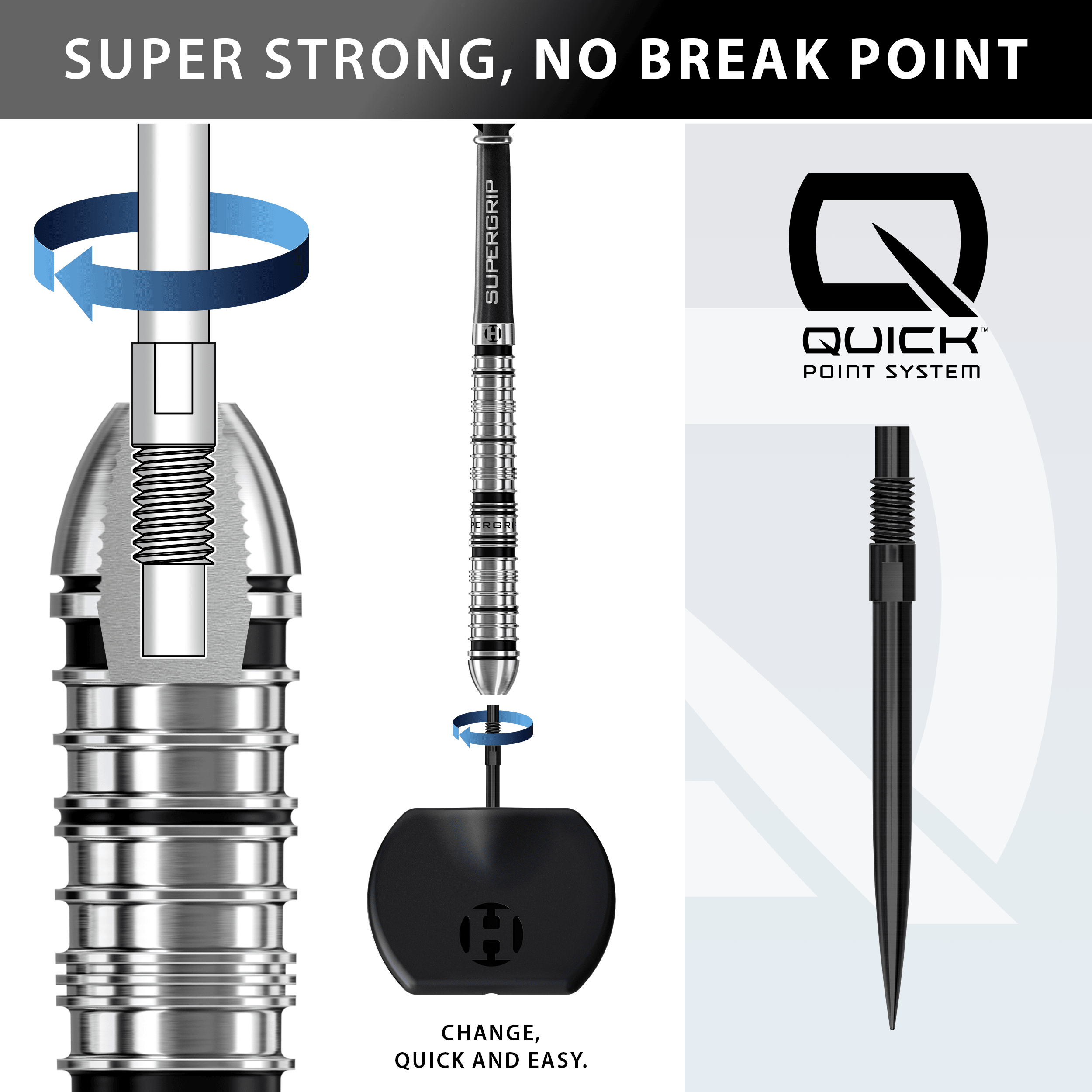 Gezeigt werden die Harrows Supergrip QP Tapered Quick Point Steeldarts. Sie sind besonders für ambitionierte Spieler geeignet.