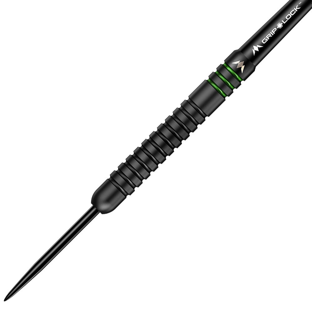 M001325_Mission_Martin_Lukeman_Black_Titanium_Steeldarts_2 Das Bild zeigt einen Mission Martin Lukeman Black Titanium Steeldart mit einem Gewicht von 25g. Der Dart ist schwarz und hat grüne Akzente sowie eine gerillte Griffzone.