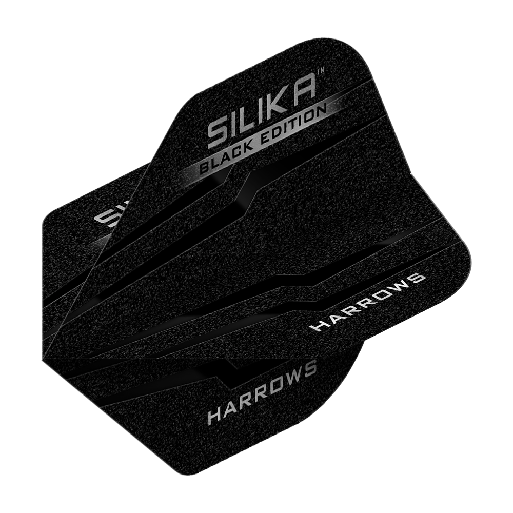 Harrows Silika Black Edition No2 Standard Flights Das Bild zeigt die Harrows Silika Black-Edition No2 Standard Flights. Die Flights sind schwarz mit silbernen Akzenten und dem Aufdruck "Harrows" sowie "Silika Black Edition".