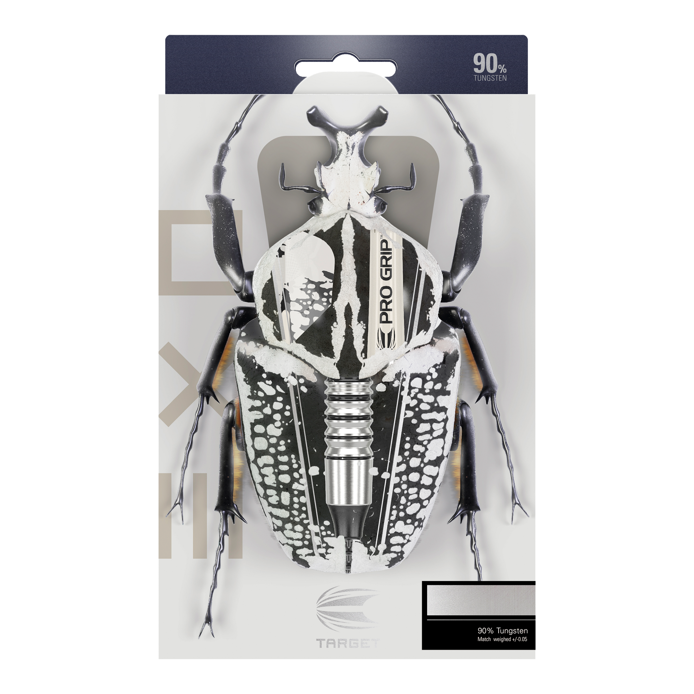 Target EXO 11 Soft Darts Auf der Verpackung der "Target EXO 11 Softdarts" ist ein Käfer abgebildet, dessen Körper mit den Dartpfeilen kombiniert wurde. Oben steht "90% Tungsten", was auf das Material der Darts hinweist.