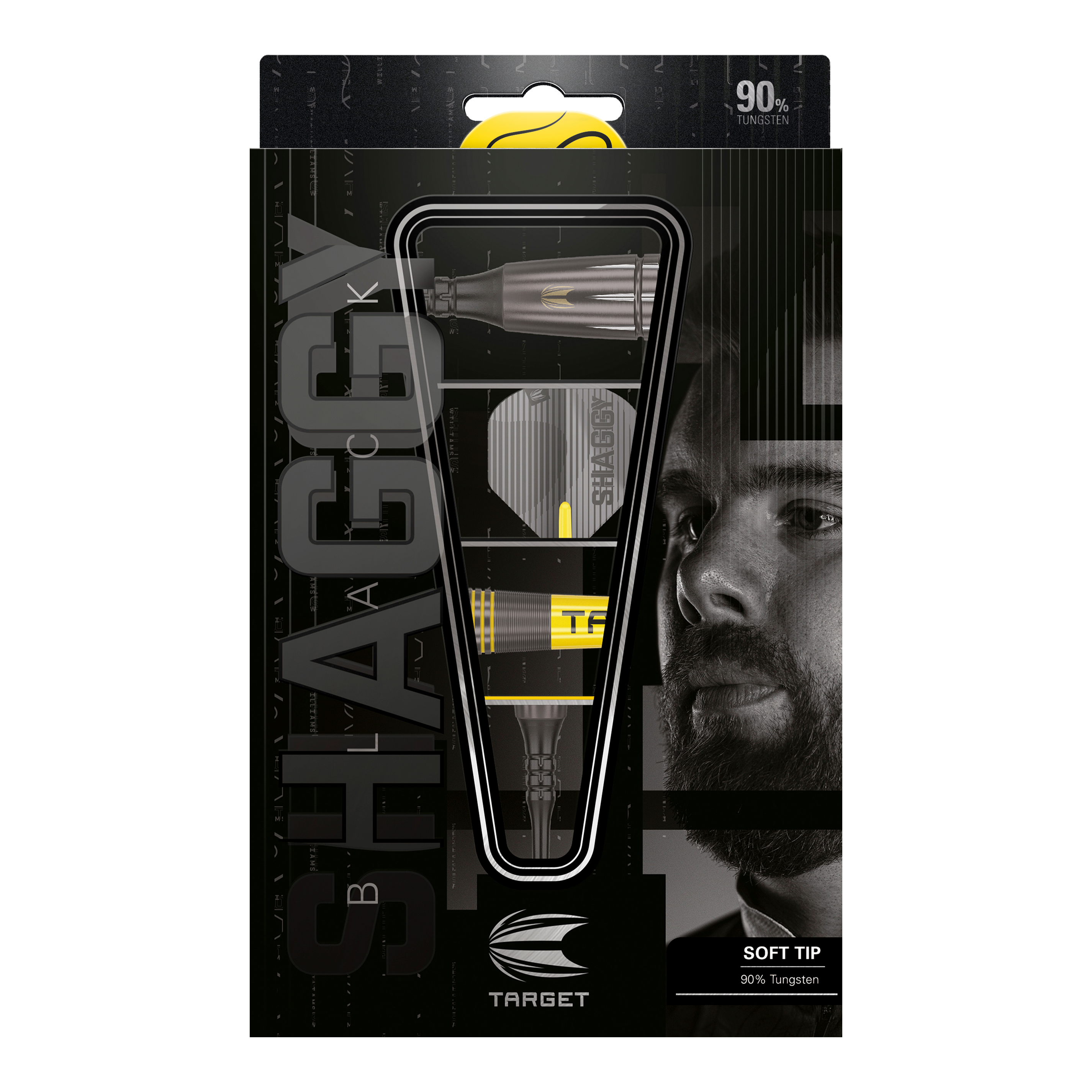 Target Scott Williams Shaggy Black Soft Darts - 20g Das Bild zeigt die Verpackung der "Target Scott Williams Shaggy Black Softdarts - 20g". Die Darts bestehen zu 90% aus Wolfram und haben eine schwarze und gelbe Optik.