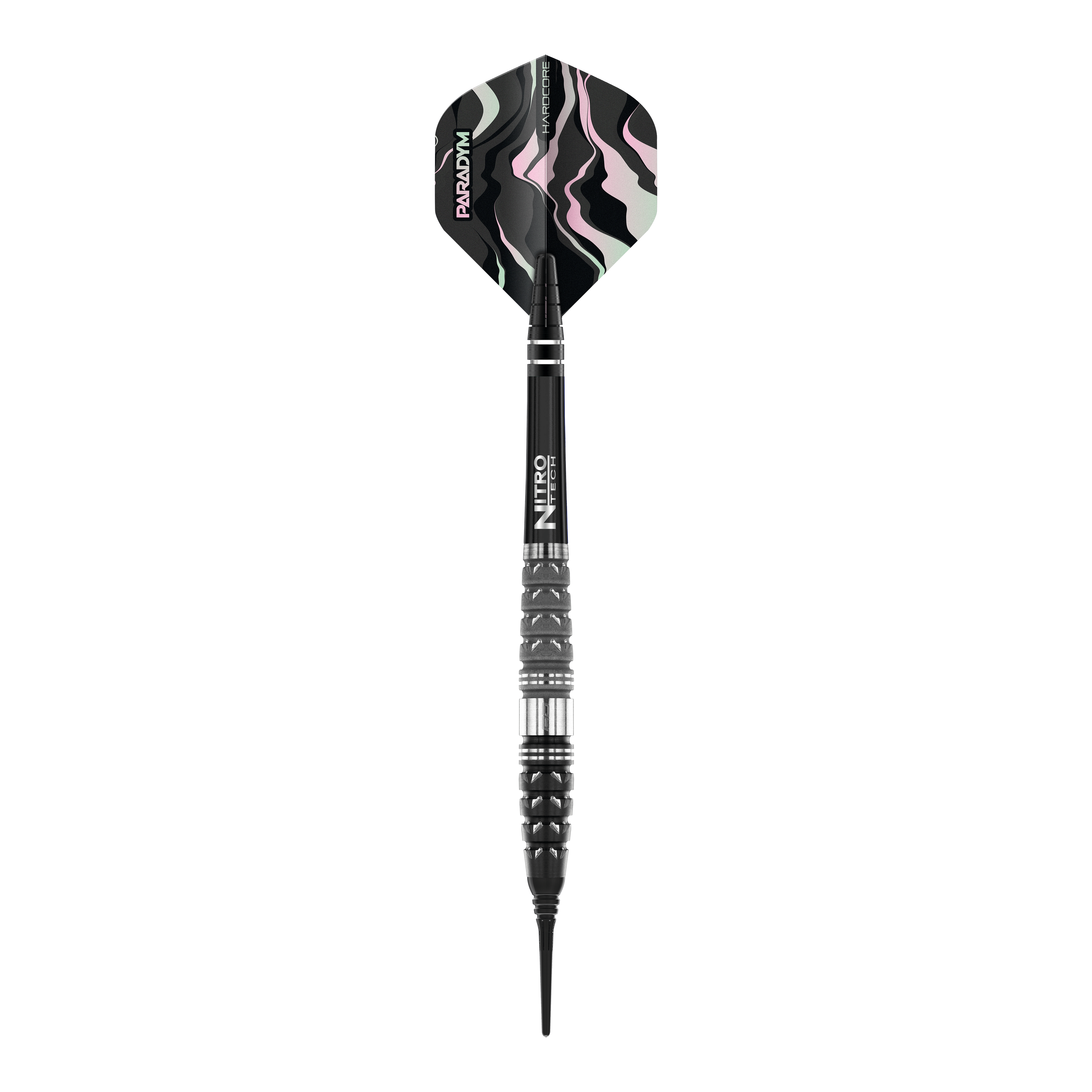 Red Dragon Paradym Torpedo Soft Darts - 20g Das Bild zeigt einen Red Dragon Paradym Torpedo Softdart mit einem Gewicht von 20g. Der Dart hat ein schwarzes Gehäuse mit silbernen Akzenten und ein Muster in dunklen Farben auf dem Flight.