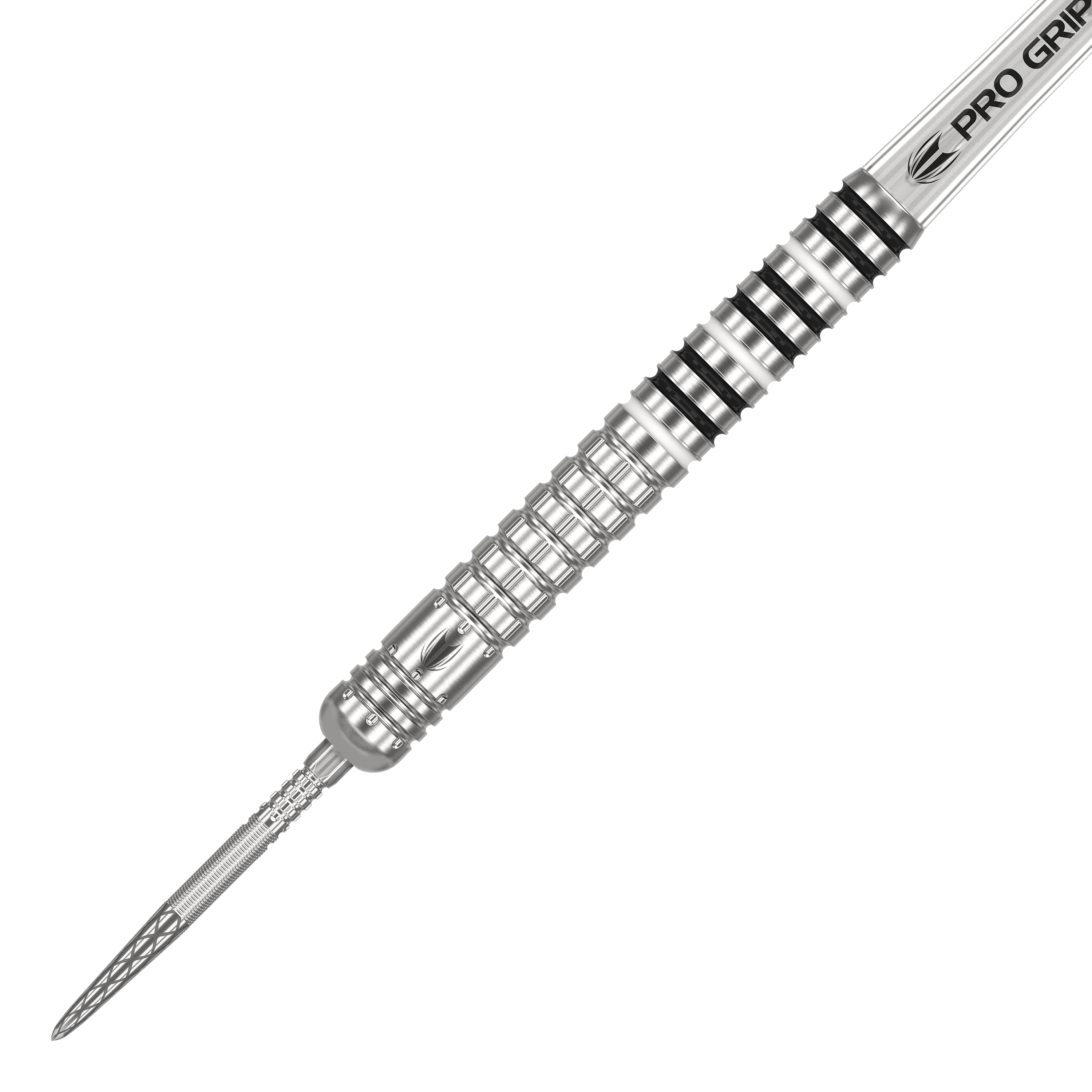 Target Chris Dobey GEN1 Swiss Point steel darts Das Bild zeigt einen silbernen Steeldartpfeil mit einem detailreich gearbeiteten Griff. Auf dem Schaft steht "PRO GRIP" und der Pfeil hat mehrere schwarze Ringe als Markierungen.