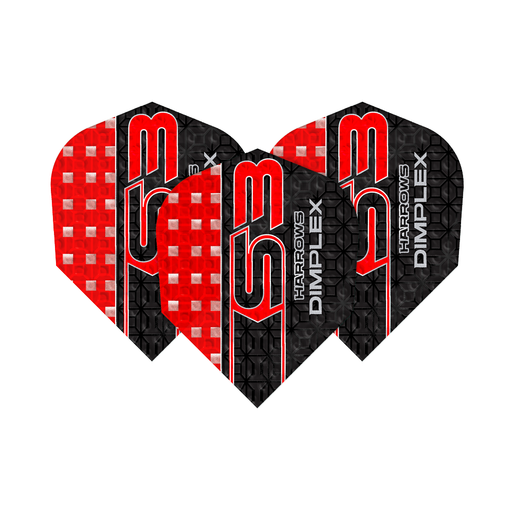 Harrows Dimplex S3 Flights - Red Das Bild zeigt drei Dartflights des Modells "Harrows Dimplex S3" in den Farben Rot und Schwarz. Auf den Flights stehen die Aufschriften "S3" und "Harrows Dimplex".