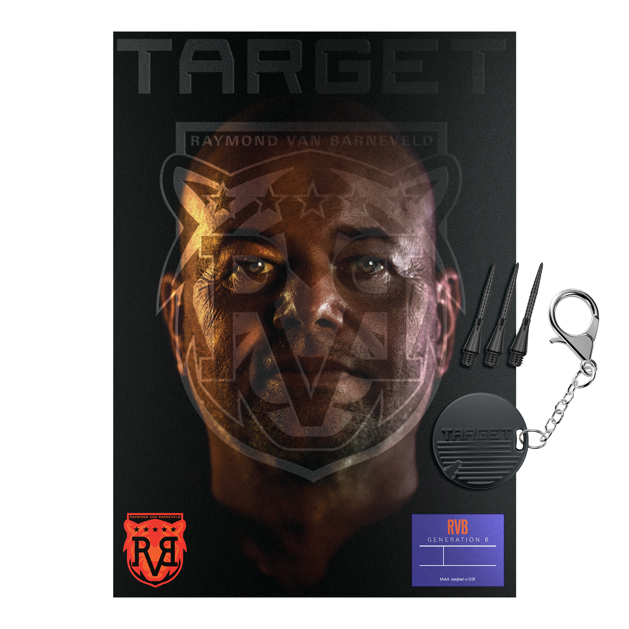 Target Raymond Van Barneveld GEN6 soft darts Zu sehen sind die Target Raymond Van Barneveld GEN6 Softdarts. Die Darts werden im Detail von der Seite dargestellt.