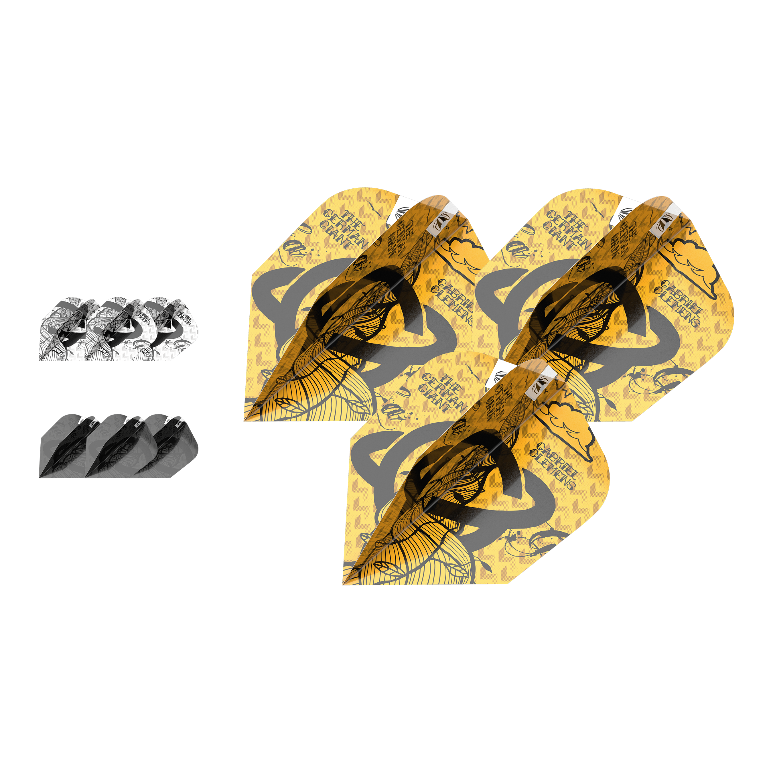 Target Ink Bundle 3 Sets Gabriel Clemens Ten-X Flights Das Bild zeigt drei Sets von Gabriel Clemens Ten-X Flights aus der Target Ink Bundle Kollektion. Die Flights sind in Gelb, Schwarz und Weiß gestaltet und liegen nebeneinander.