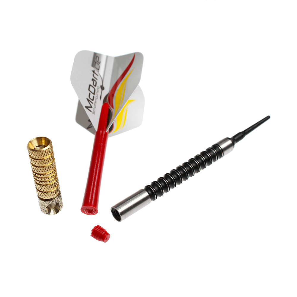 McDart Shaftrestentferner Das Bild zeigt den McDart Shaftrestentferner zusammen mit einem zerlegten Dartpfeil. Die Einzelteile liegen übersichtlich nebeneinander auf weißem Hintergrund.