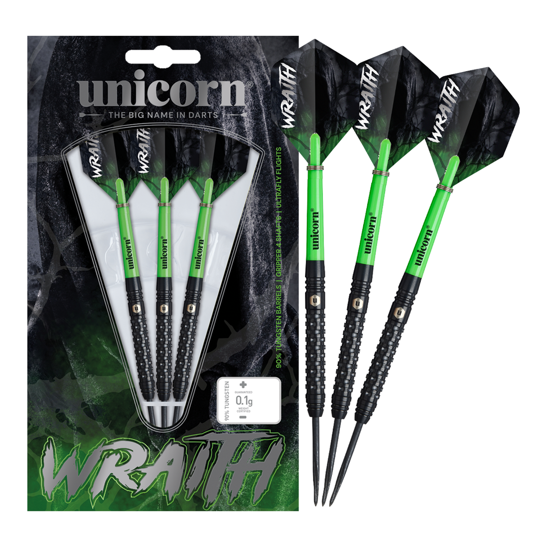 Das Bild zeigt drei Steeldarts der Marke Unicorn mit grünen Schäften und schwarzen Flights, auf denen "WRAITH" steht. Die Darts sind sowohl in der Verpackung als auch einzeln daneben abgebildet.