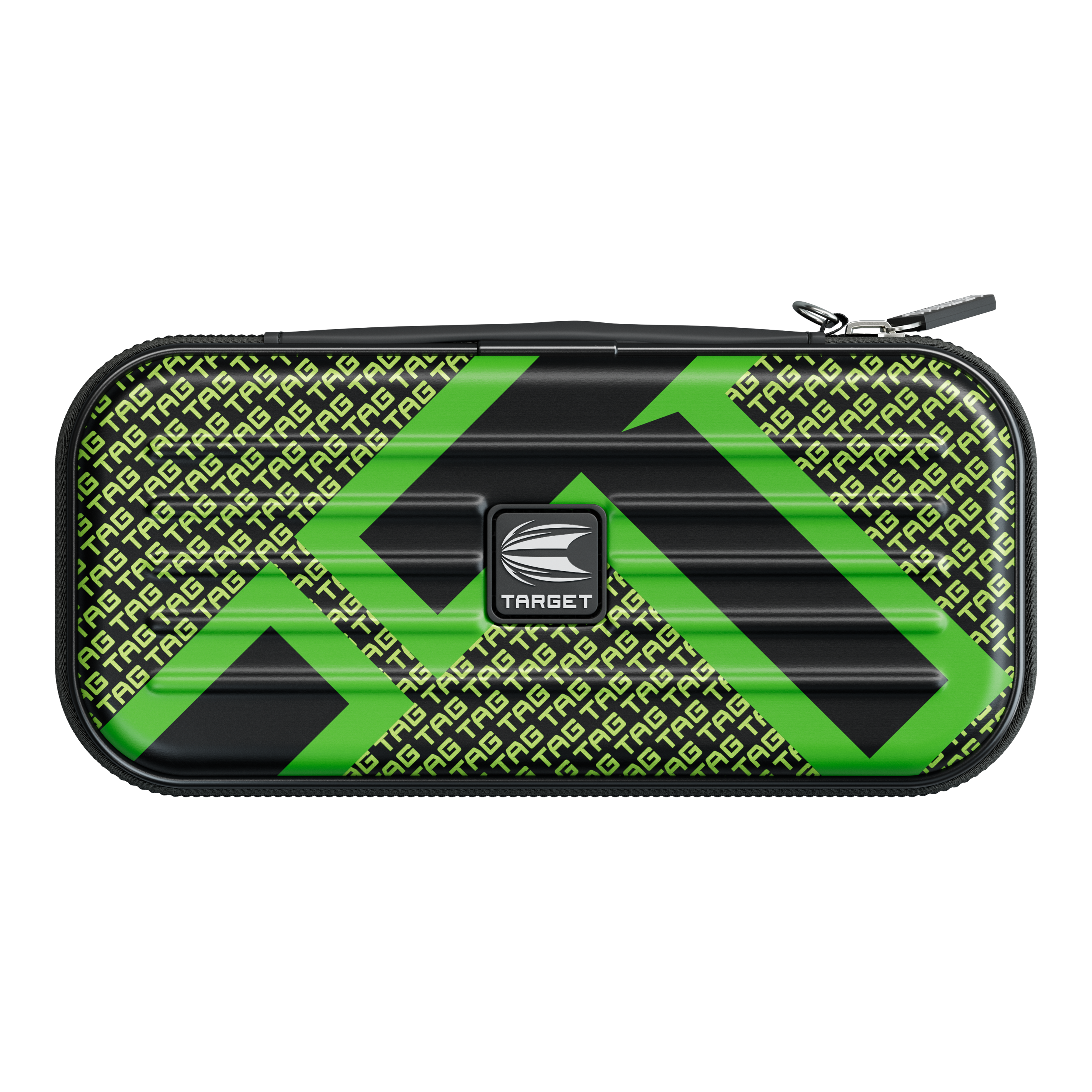 Das Bild zeigt ein Dartcase mit einem auffälligen grünen und schwarzen Design. In der Mitte befindet sich ein Logo mit der Aufschrift "TARGET".