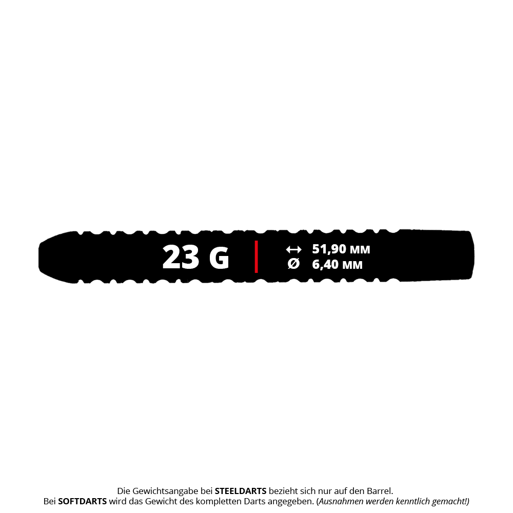 McDart Ocean Steeldart Barrels - 23g Das Bild zeigt ein McDart Ocean Steeldart Barrel mit einem Gewicht von 23 Gramm. Die Länge beträgt 51,90 mm und der Durchmesser 6,40 mm.