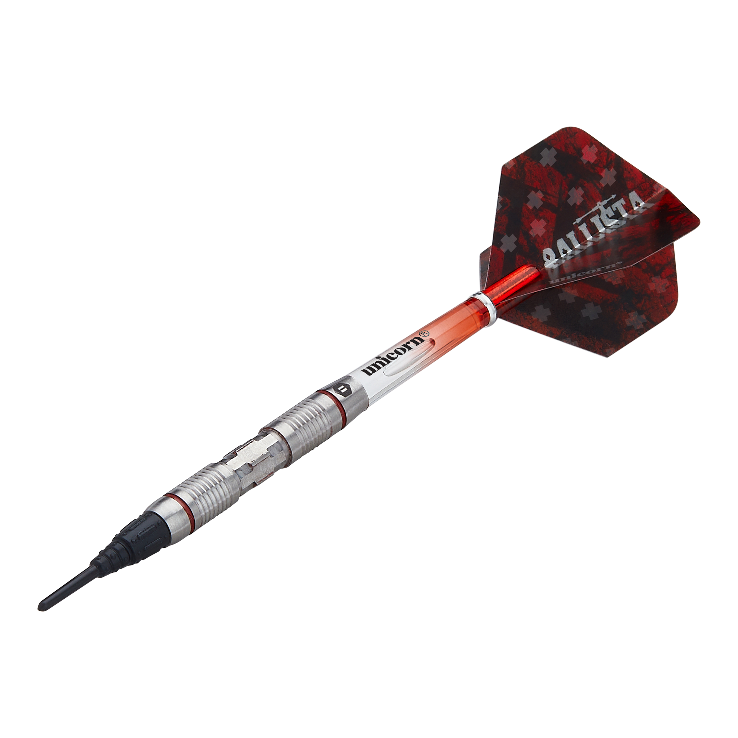 Unicorn Ballista Style 2 soft darts Das Bild zeigt einen Softdart namens "Unicorn Ballista Style 2". Der Dart hat einen silbernen Schaft, einen roten Flight mit dem Schriftzug "BALLISTA" und eine schwarze Spitze.