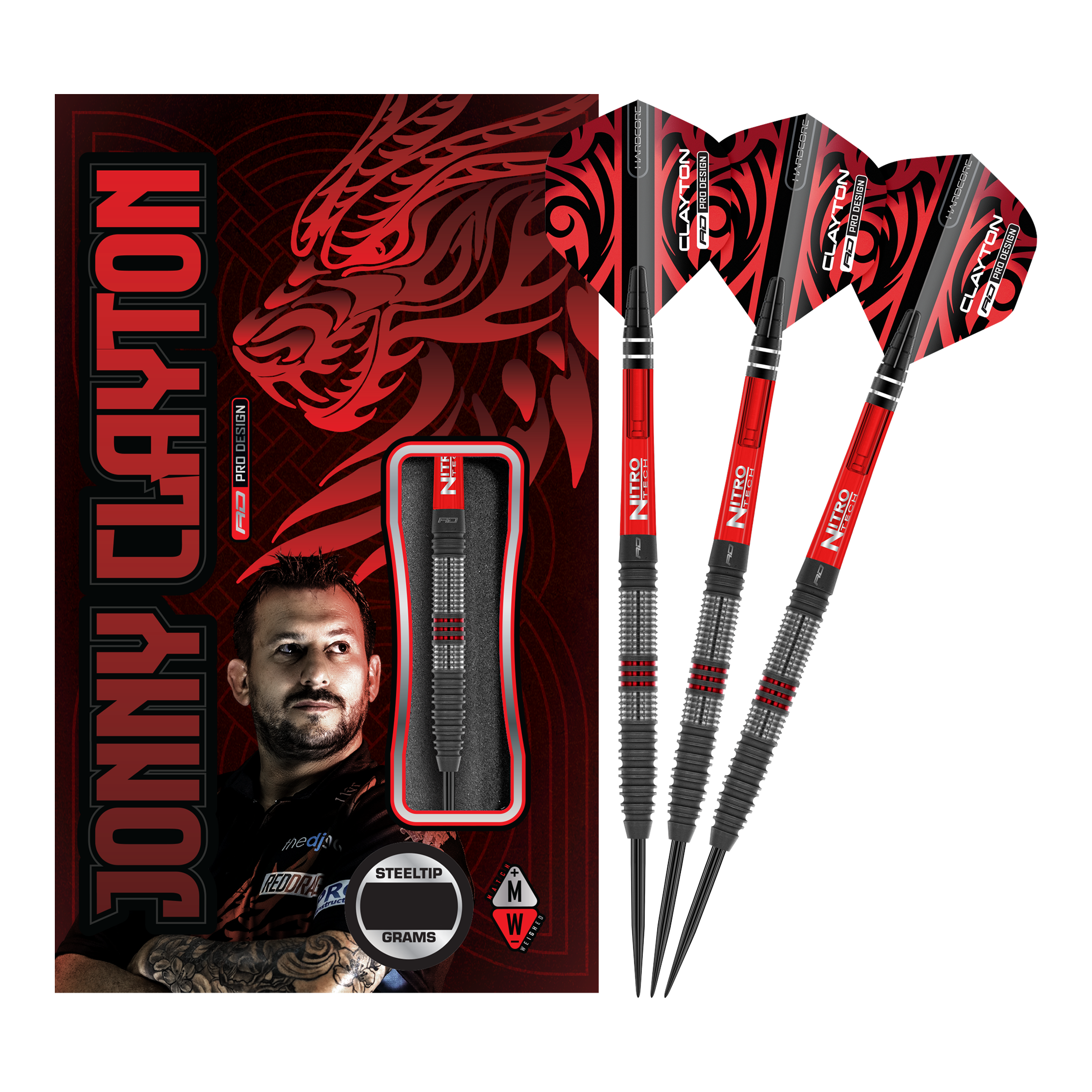 Red Dragon Jonny Clayton Hiraeth steel darts Das Bild zeigt das Produkt "Red Dragon Jonny Clayton Hiraeth Steeldarts" mit drei Steeldarts und einer auffälligen Verpackung. Auf der Verpackung sind ein Porträt von Jonny Clayton und ein roter Drachen abgebildet.