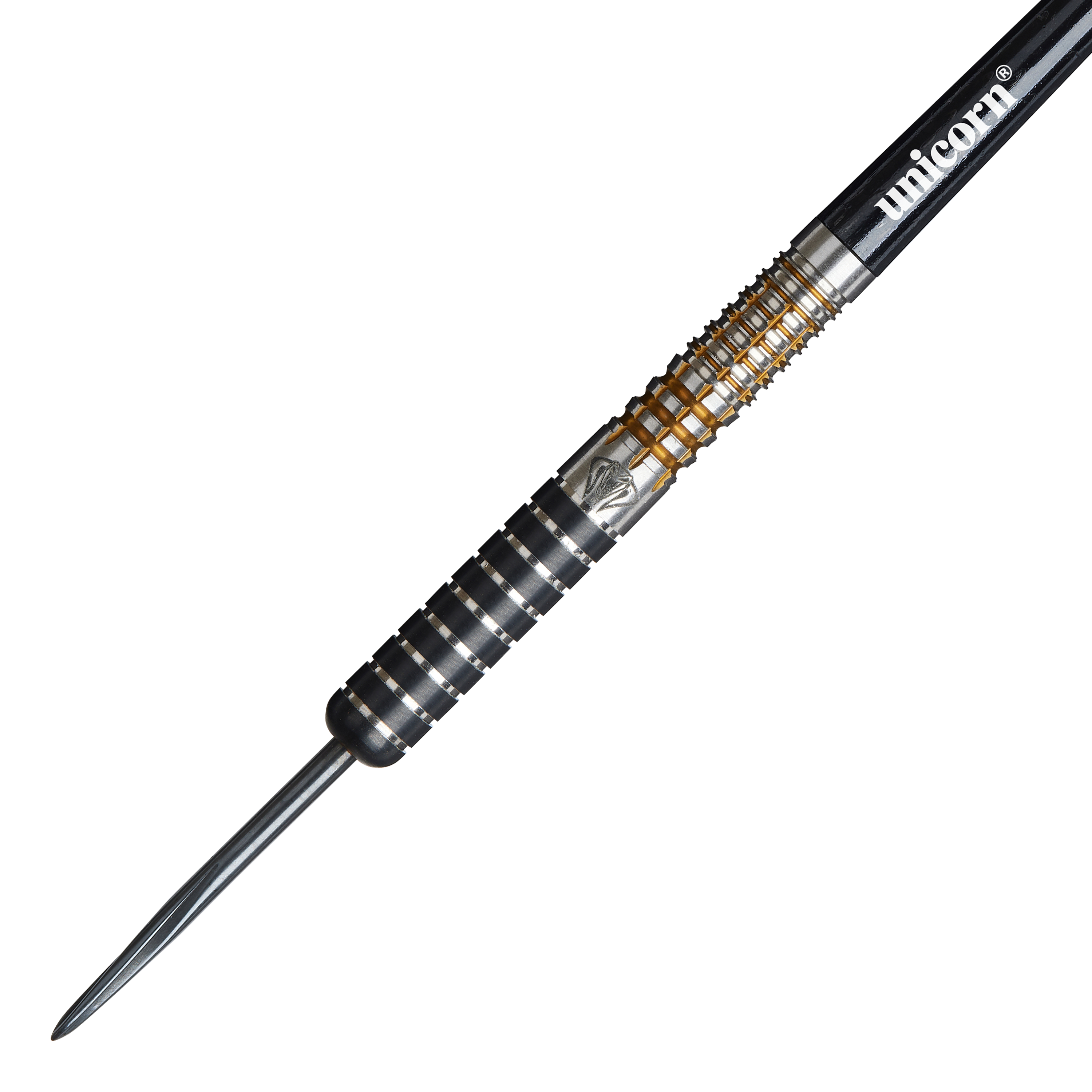 Das Bild zeigt einen Unicorn Maestro Jeffrey De Zwaan Phase 3 Steeldart. Der Dart hat ein silber-schwarzes Design mit goldenen Akzenten und der Aufschrift "unicorn" auf dem Schaft.