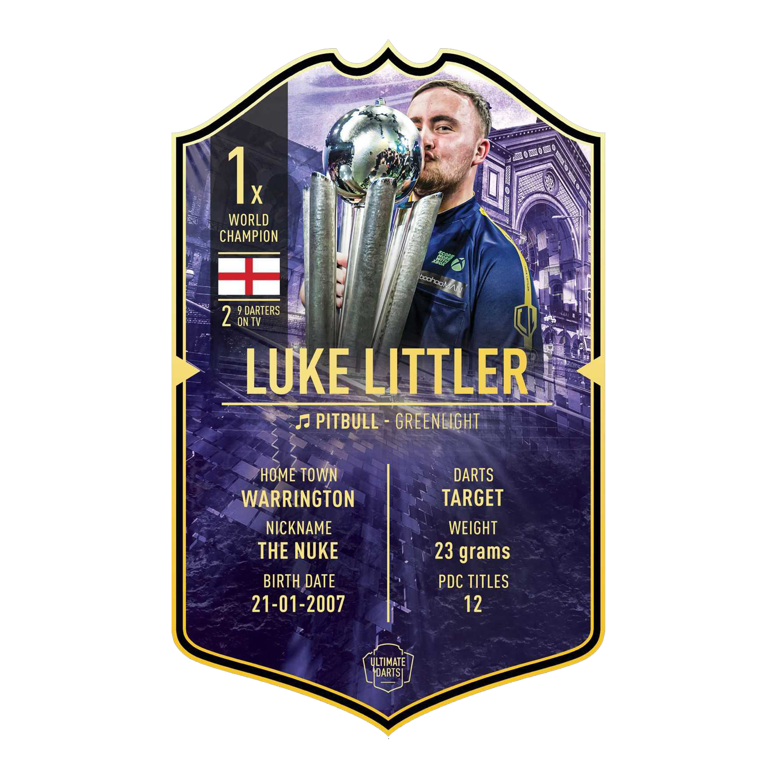 Ultimate Darts Card - Luke Littler World Champion 2025 Die Abbildung zeigt die „Ultimate Darts Card - Luke Littler World Champion“. Auf der Karte ist Luke Littler mit seiner Trophäe sowie wichtige Informationen über ihn abgebildet.