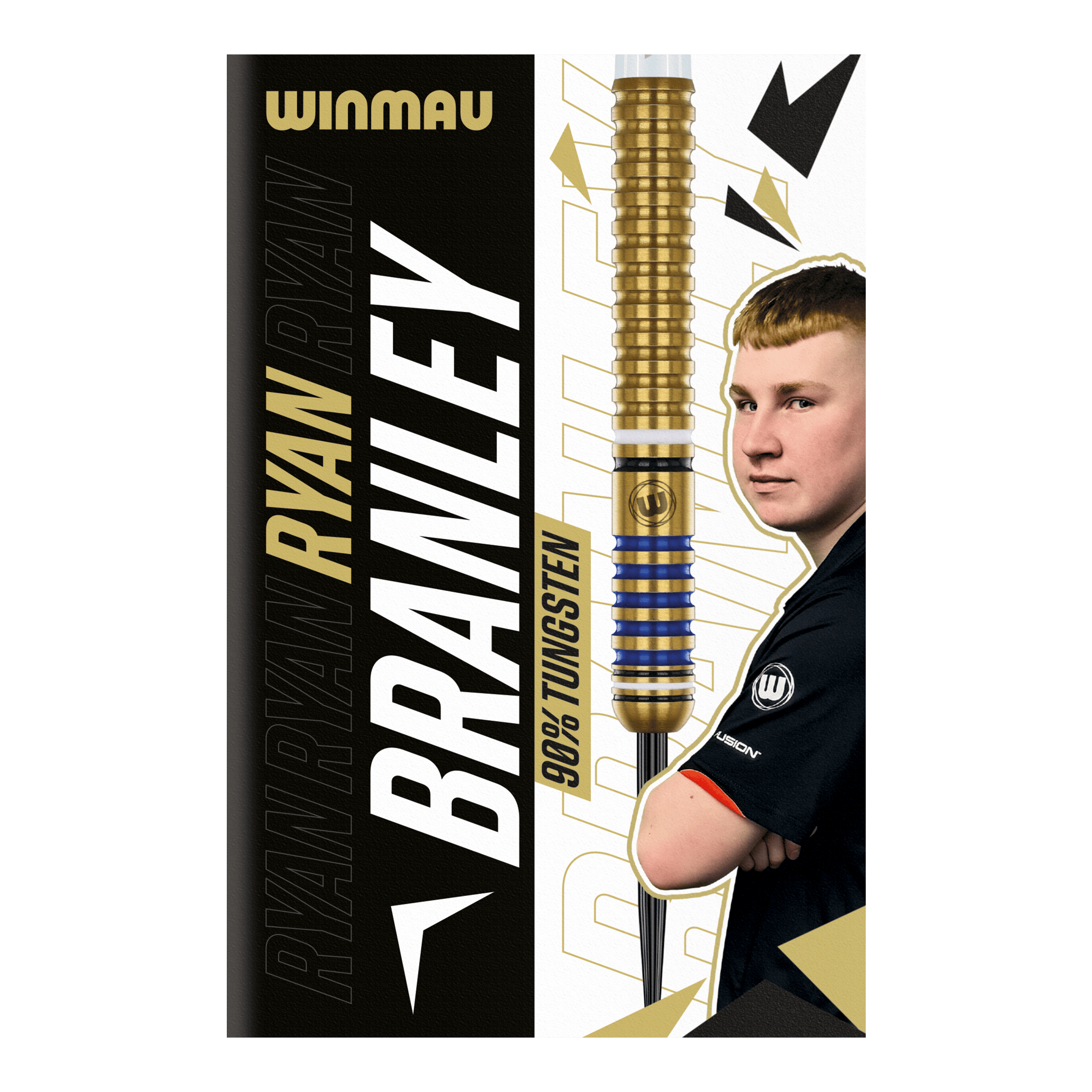 Winmau Ryan Branley Steel Darts - 23g Die Abbildung zeigt die Verpackung der "Winmau Ryan Branley Steeldarts - 23g". Auf der Verpackung sind ein Dartpfeil, ein Foto einer Person und der Schriftzug "90% Tungsten" zu sehen.