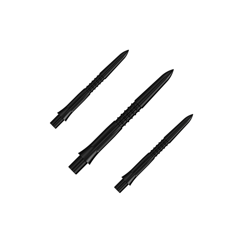 Mission Caliburn EVO Dart Tips GV1 - Black Ein Set von schwarzen Steeldartspitzen mit 26 mm Länge. Auf dem Bild sieht man mehrere Spitzen aus der Misson Caliburn EVO GV1 Reihe.
