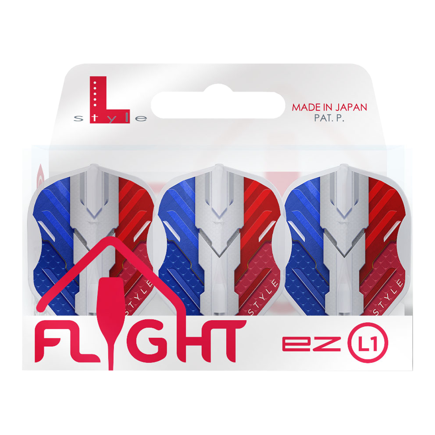 Das Bild zeigt eine Packung L-Style V-Series V1 Type B France Clear White L1EZ Flights. Die Flights sind in den Farben Blau, Weiß und Rot gestaltet und werden in Japan hergestellt.