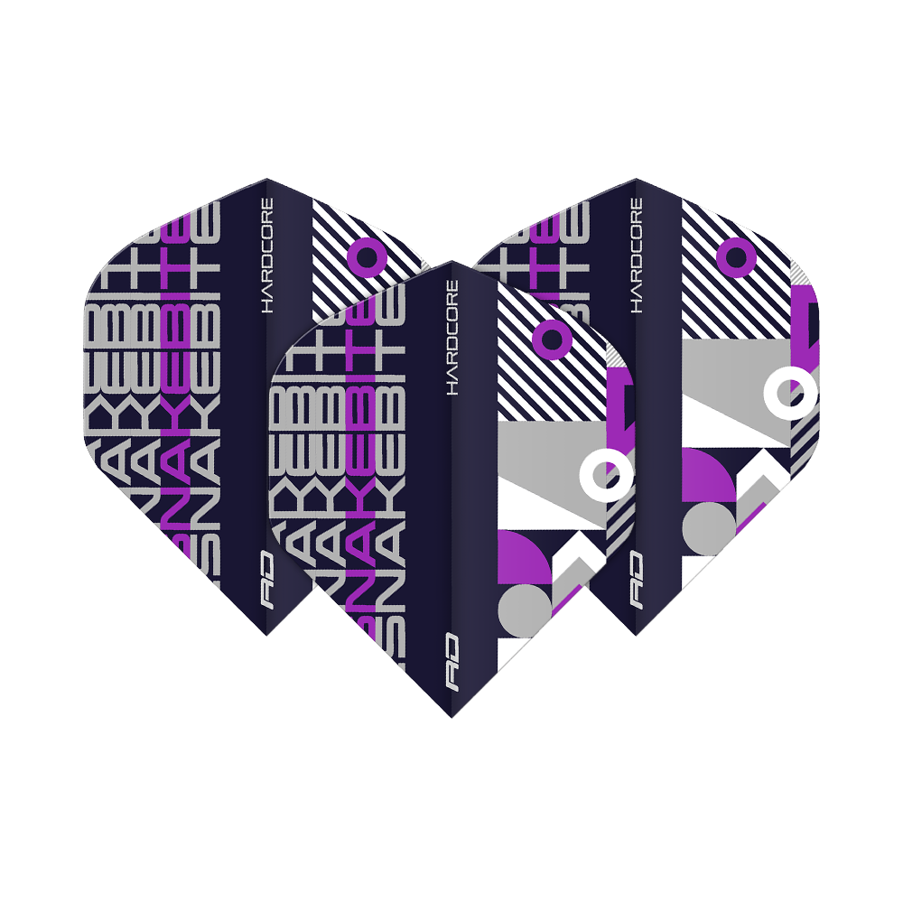 Das Bild zeigt drei Dart Flights der Marke "Red Dragon Hardcore Snakebite" in Schwarz und Lila. Das Design ist modern mit geometrischen Mustern und der Aufschrift "SNAKEBITE".