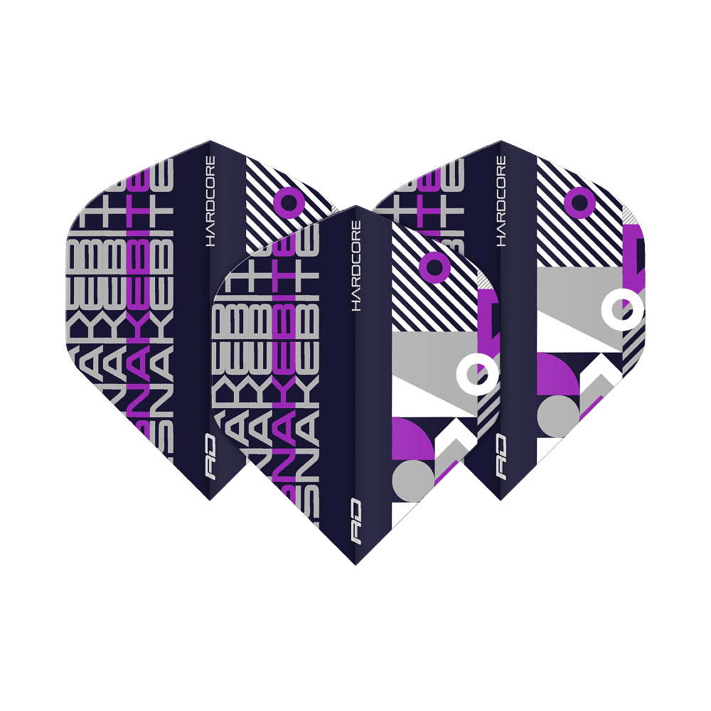 TF6656_Red_Dragon_Hardcore_Snakebite_BlackPurple_Standard_Flights_1c7FxZfIYdCshs Das Bild zeigt drei Dart Flights der Marke "Red Dragon Hardcore Snakebite" in Schwarz und Lila. Das Design ist modern mit geometrischen Mustern und der Aufschrift "SNAKEBITE".