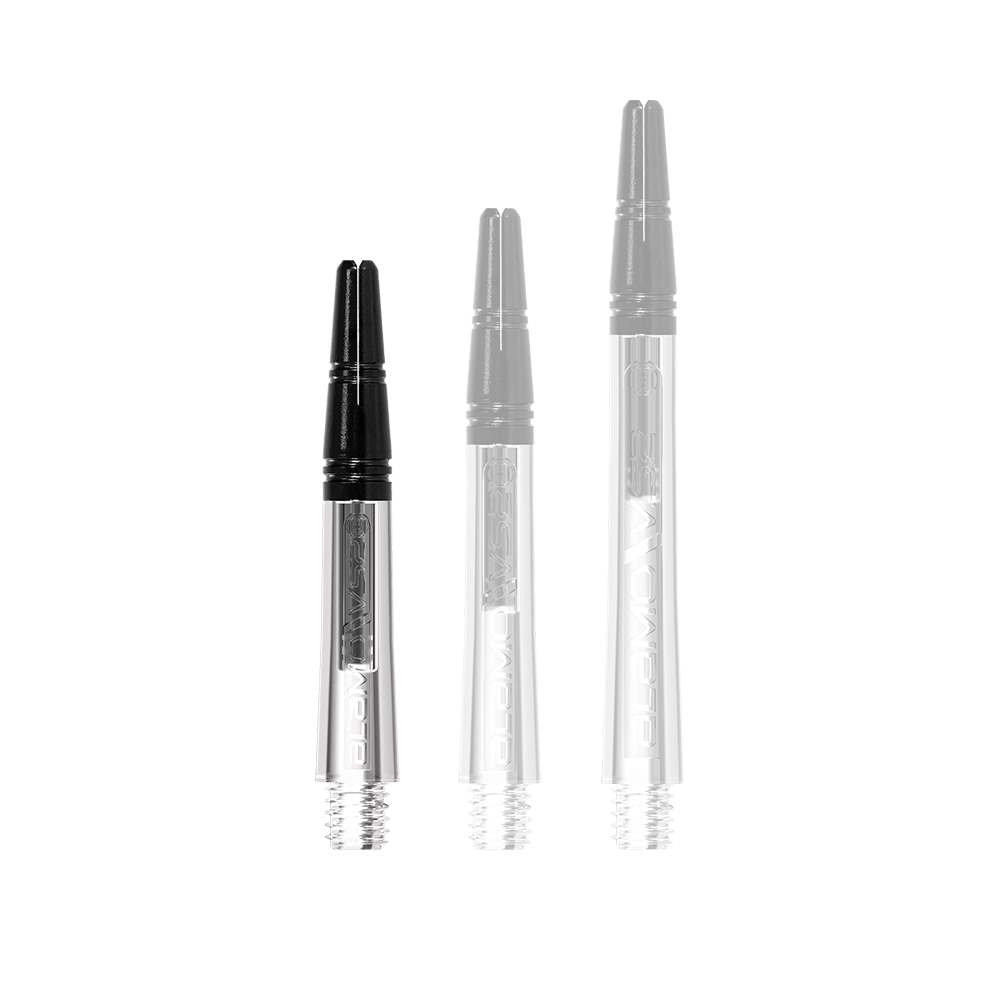 Harrow's Alamo VS2 Shafts - Clear Auf dem Bild sind drei unterschiedlich lange, transparente und schwarze Dartschäfte abgebildet. Sie stehen nebeneinander auf weißem Hintergrund.