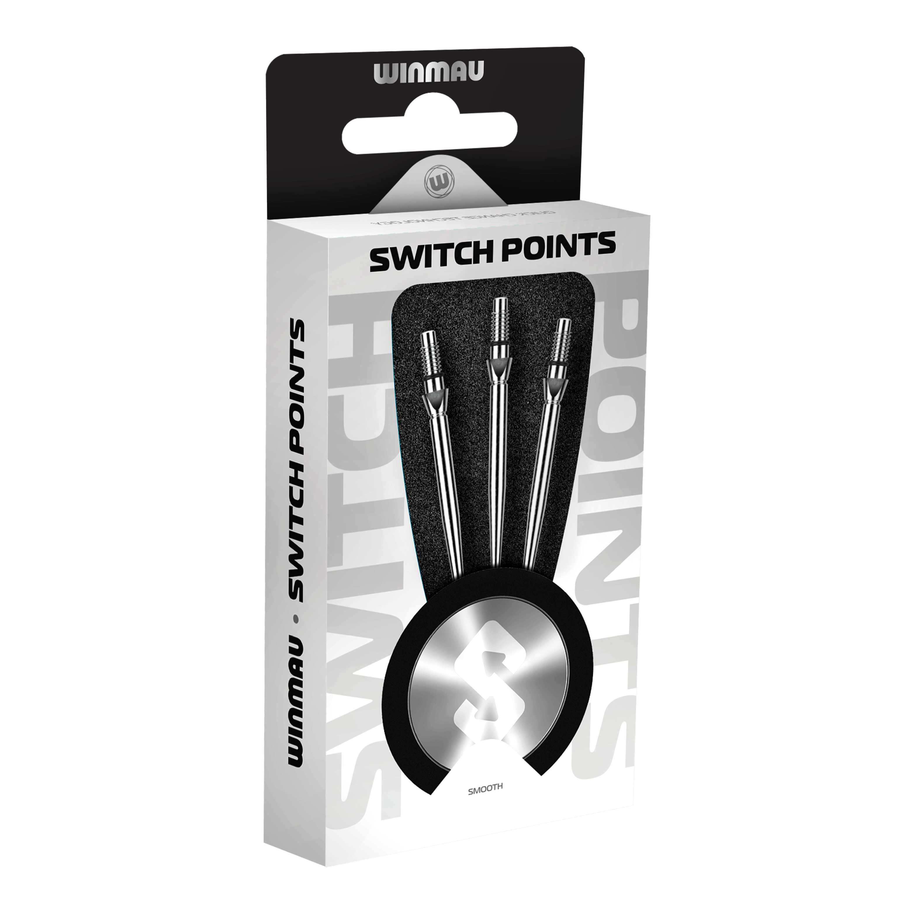 Abgebildet sind Winmau Switch Point Smooth Steeldartspitzen in Silver Effect. Diese glatten Dartspitzen sind silbern und für Steeldarts geeignet.