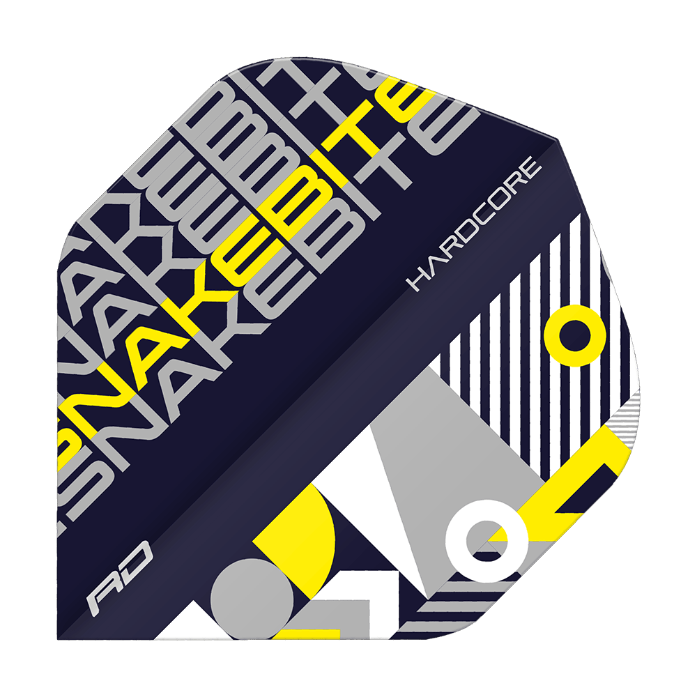 TF6657_Red_Dragon_Hardcore_Snakebite_BlackYellow_Standard_Flights_1L1aF7qSG6nClE Das Bild zeigt ein Dartflight mit dem Namen "Red Dragon Hardcore Snakebite Black Yellow Standard Flights". Das Design ist modern und auffällig in den Farben Schwarz, Gelb, Grau und Weiß gehalten.