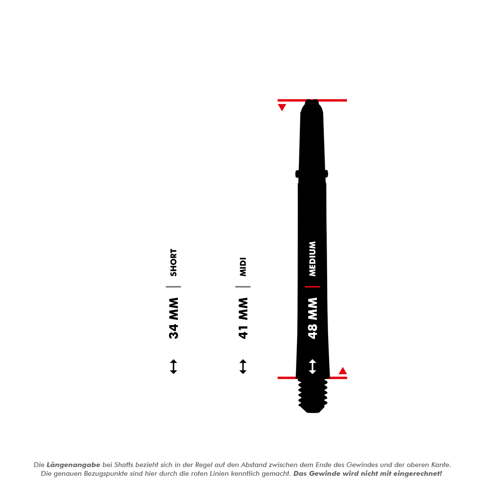 Harrows Dimplex Shafts - Schwarz Das Bild zeigt drei verschiedene Längen von Dart Shafts: Short (34 mm), Midi (41 mm) und Medium (48 mm). Die Maße beziehen sich auf den Abstand zwischen dem Ende des Gewindes und der oberen Kante, wobei das Gewinde nicht mit eingerechnet wird.