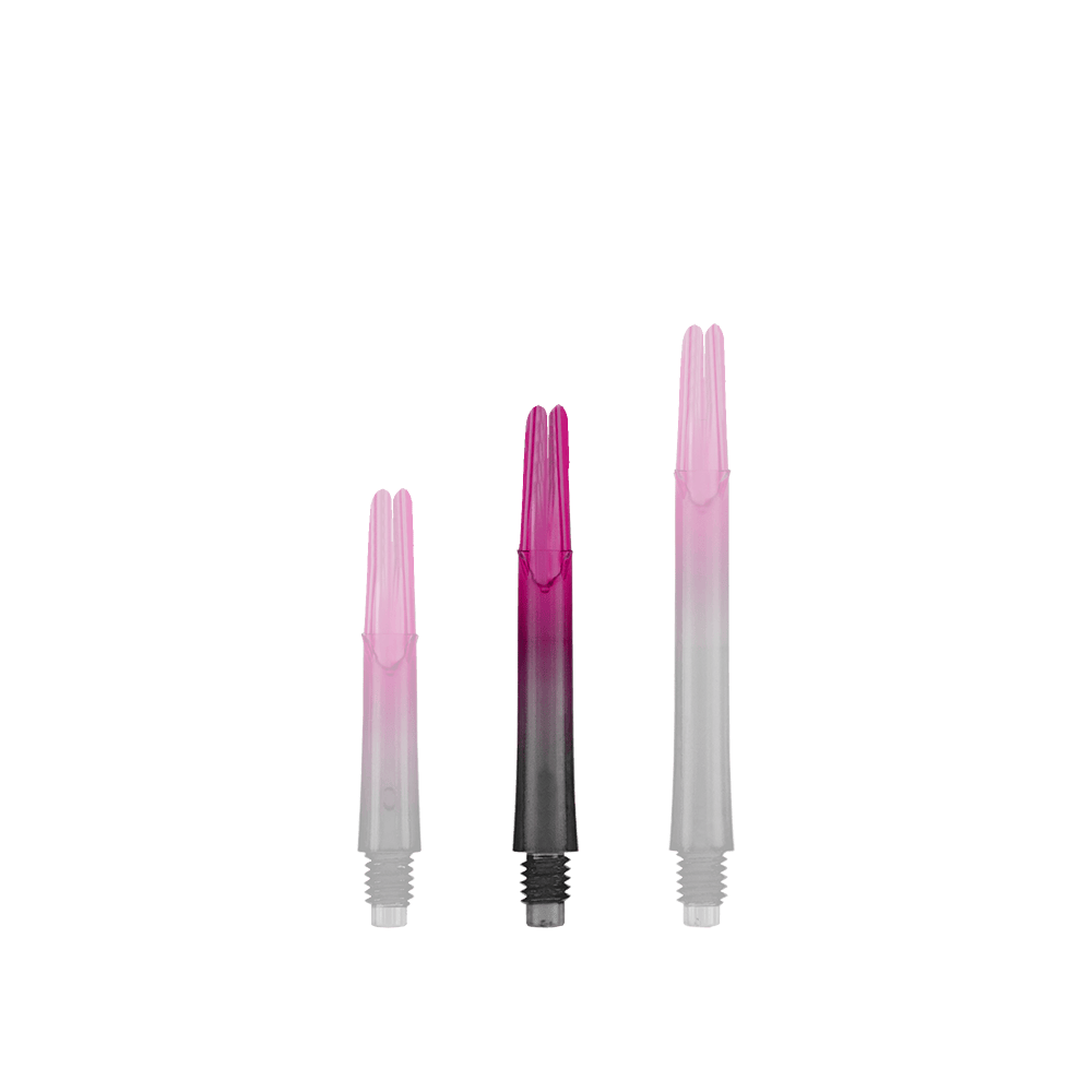 L-L-Style-Shaft Locked Straight Natural9 TwoTone Shafts - Pink Auf dem Bild sind drei unterschiedlich lange, zweifarbige Dartschäfte zu sehen. Sie sind unten schwarz und gehen nach oben in ein kräftiges Pink über.