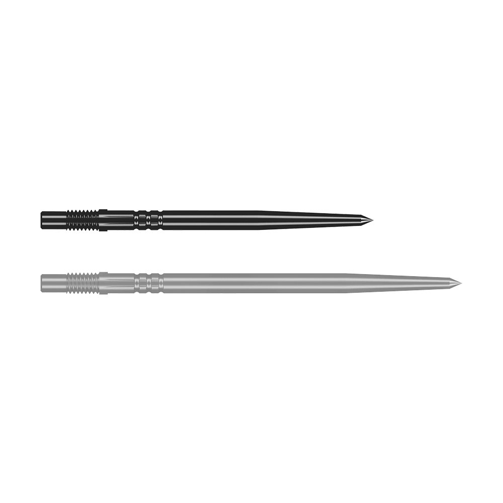 Shot Turbo Point Dart Tips - Black Das Bild zeigt eine schwarze Dartspitze in Detailaufnahme. Die Spitze ist schlank und stabil.