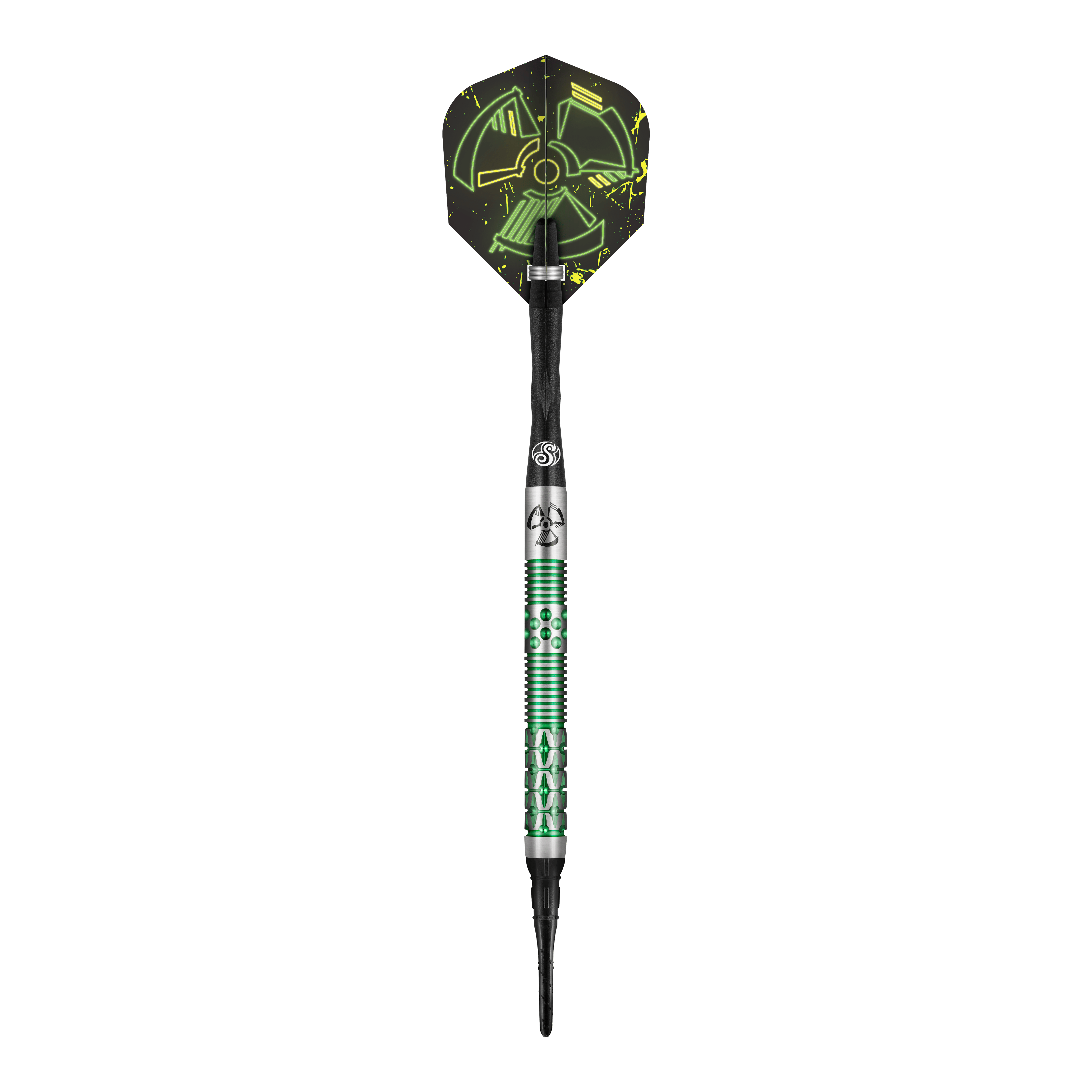 Shot Pro-Series Stowe Buntz 2 soft darts - 21g Das Bild zeigt einen Shot Pro-Series Stowe Buntz 2 Softdart mit einem Gewicht von 21g. Der Dartpfeil hat ein auffälliges Design mit grünen und schwarzen Elementen.