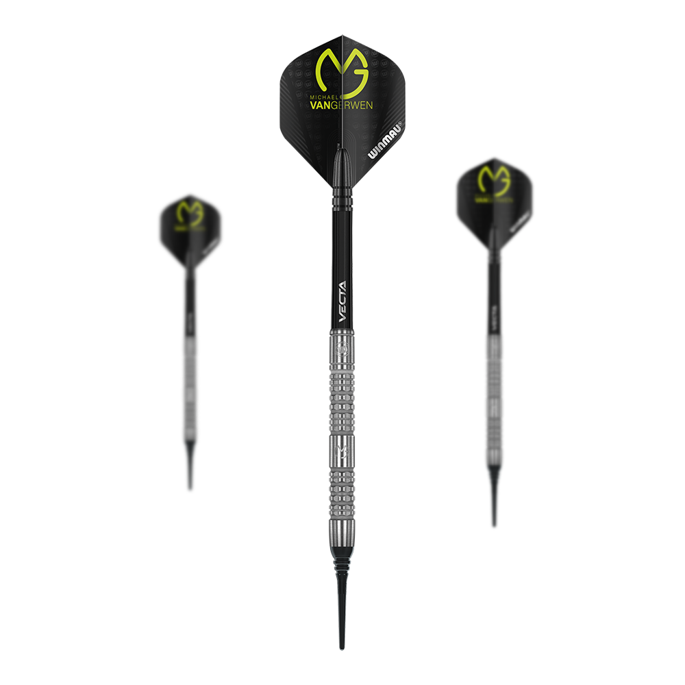 Winmau Michael Van Gerwen MvG Absolute Softdarts Das Bild zeigt drei Winmau Michael Van Gerwen MvG Absolute Softdarts. Die Darts haben schwarze Flights mit gelber Aufschrift und einen silbernen, geriffelten Schaft.