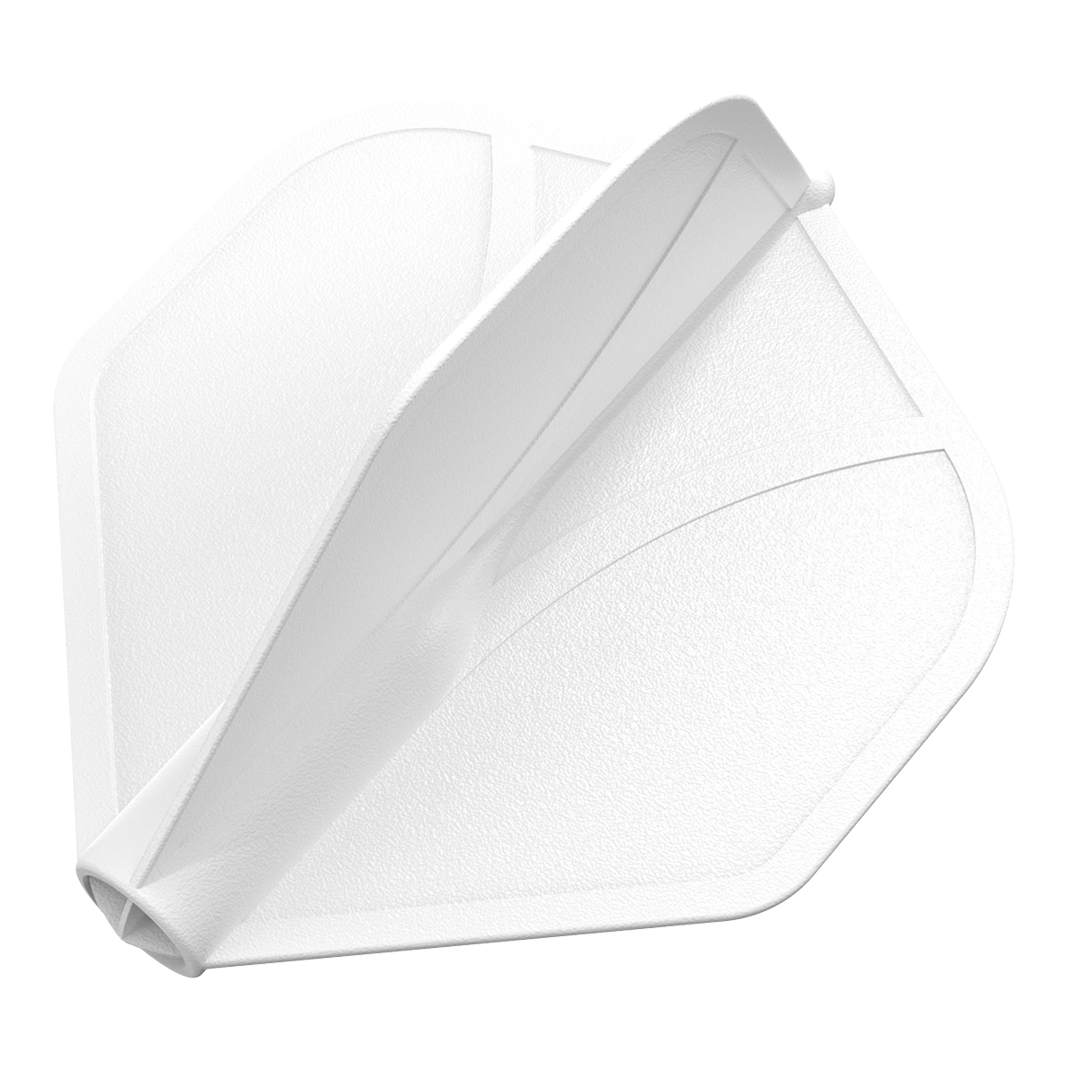 Shot Airfoil Molded No2 Standard Flights Das Bild zeigt eine weiße Dart-Flugfeder in Standardform. Die Oberfläche wirkt strukturiert und leicht glänzend.