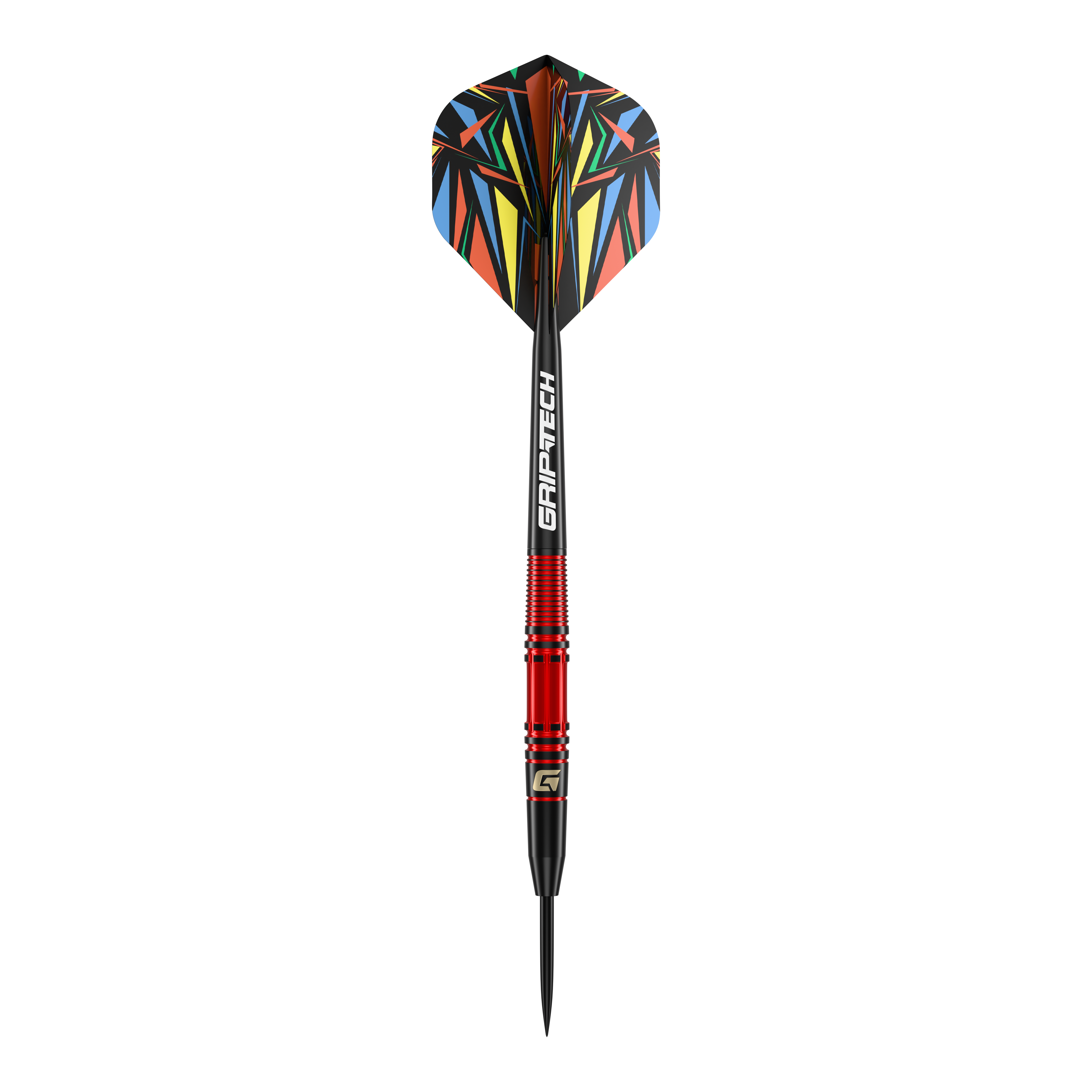 GOAT Athlete Red Brass Steeldarts - 11g Das Bild zeigt einen GOAT Athlete Red Brass Steeldart mit einem Gewicht von 11g. Er hat einen roten Schaft und bunte Flights mit geometrischen Mustern.