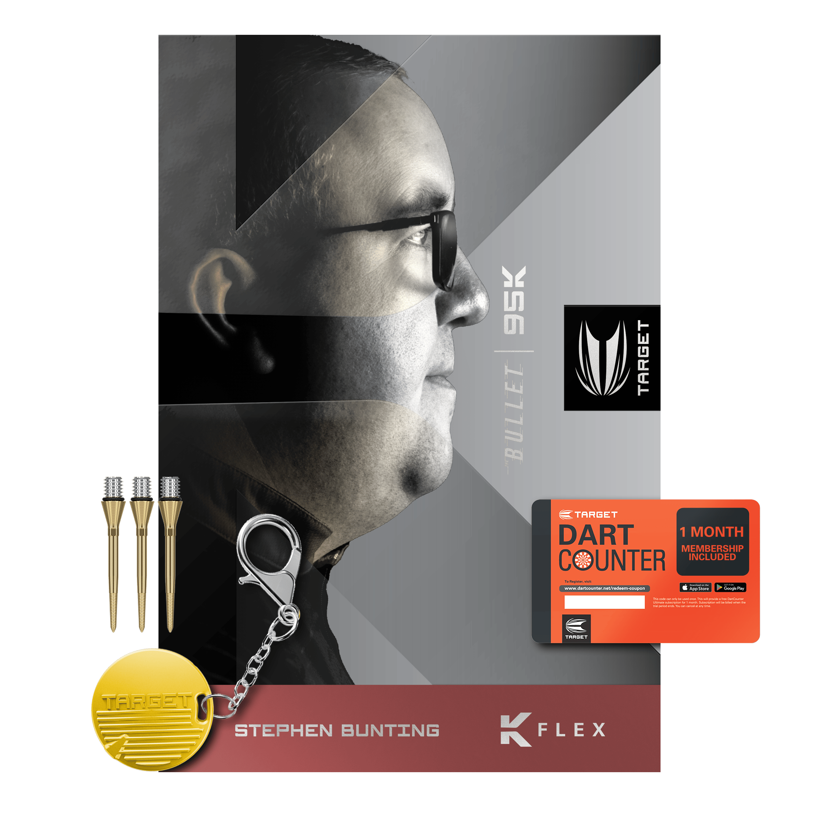 Target Stephen Bunting 95K Soft Darts - 19g Das Bild zeigt das Produkt "Target Stephen Bunting 95K Softdarts - 19g" mit Zubehör wie Dartspitzen, Schlüsselanhänger und einer Dart Counter Karte. Im Hintergrund ist ein Porträt von Stephen Bunting zu sehen.