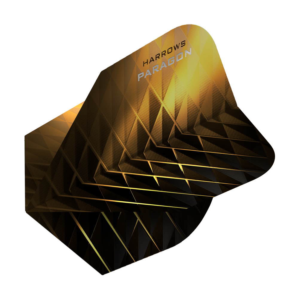 HR7605_Harrows_Paragon_Gold_No2_Standard_Flights_2 Das Bild zeigt das Produkt "Harrows Paragon Gold No2 Standard Flights". Das Flight hat ein geometrisches, gold-schwarzes Design mit dem Markennamen aufgedruckt.