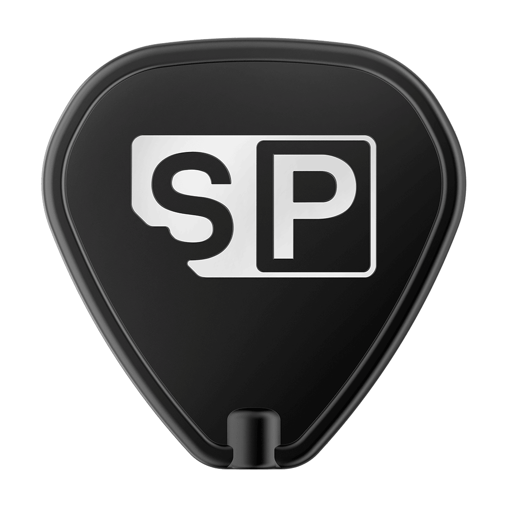 340000-Target-Swiss-Point-Tool-1 Das Bild zeigt das Produkt "Target Swiss Point Tool" in schwarzer Farbe mit einem weißen "SP"-Logo darauf. Das Tool hat eine dreieckige Form mit abgerundeten Kanten.