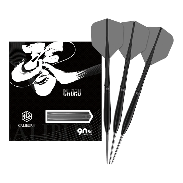 Abgebildet sind die Caliburn Chord C3 Steeldarts mit 22,5 Gramm in voller Ansicht. Diese Darts bieten eine gute Balance und Kontrolle.