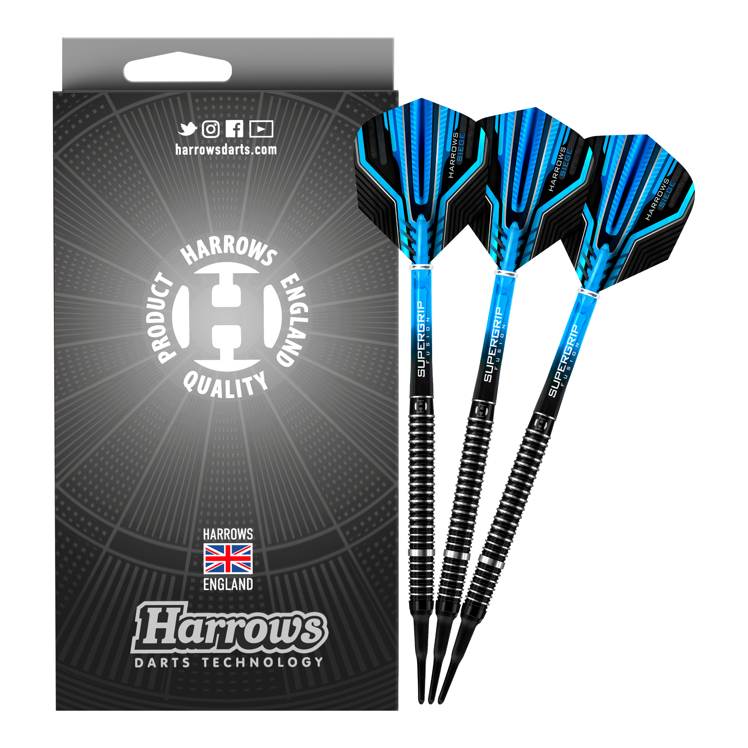 Harrows Siege Softdarts Das Bild zeigt eine Packung Harrows Siege Softdarts mit drei blauen und schwarzen Darts. Auf der Verpackung steht "Harrows Darts Technology" und ein Qualitätssiegel aus England.