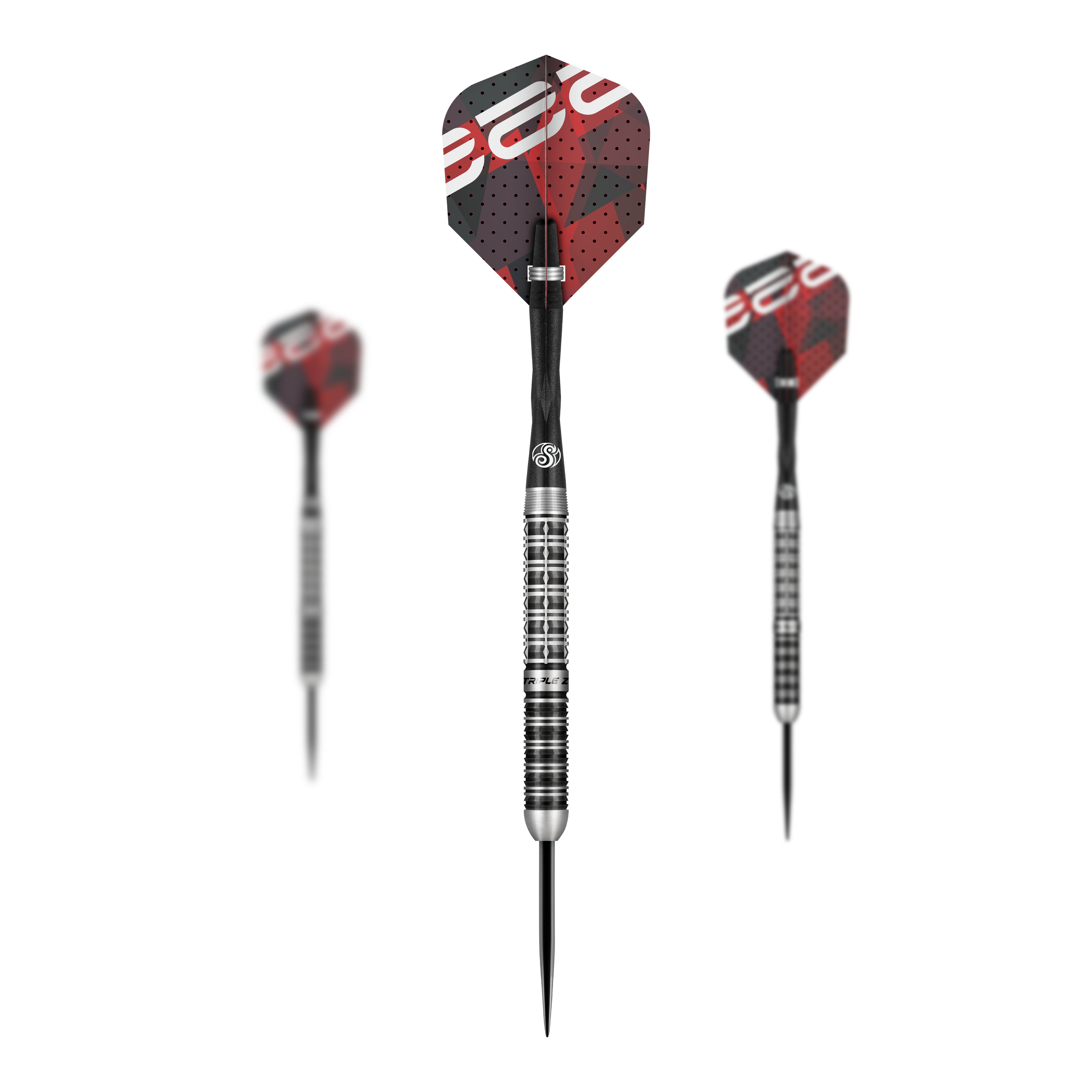 Shot Niels Zonneveld V2 steel darts Das Bild zeigt drei Steeldarts des Modells "Shot Niels Zonneveld V2". Die Darts haben silber-schwarze Spitzen und Schäfte sowie rote und schwarze Flights mit Muster.