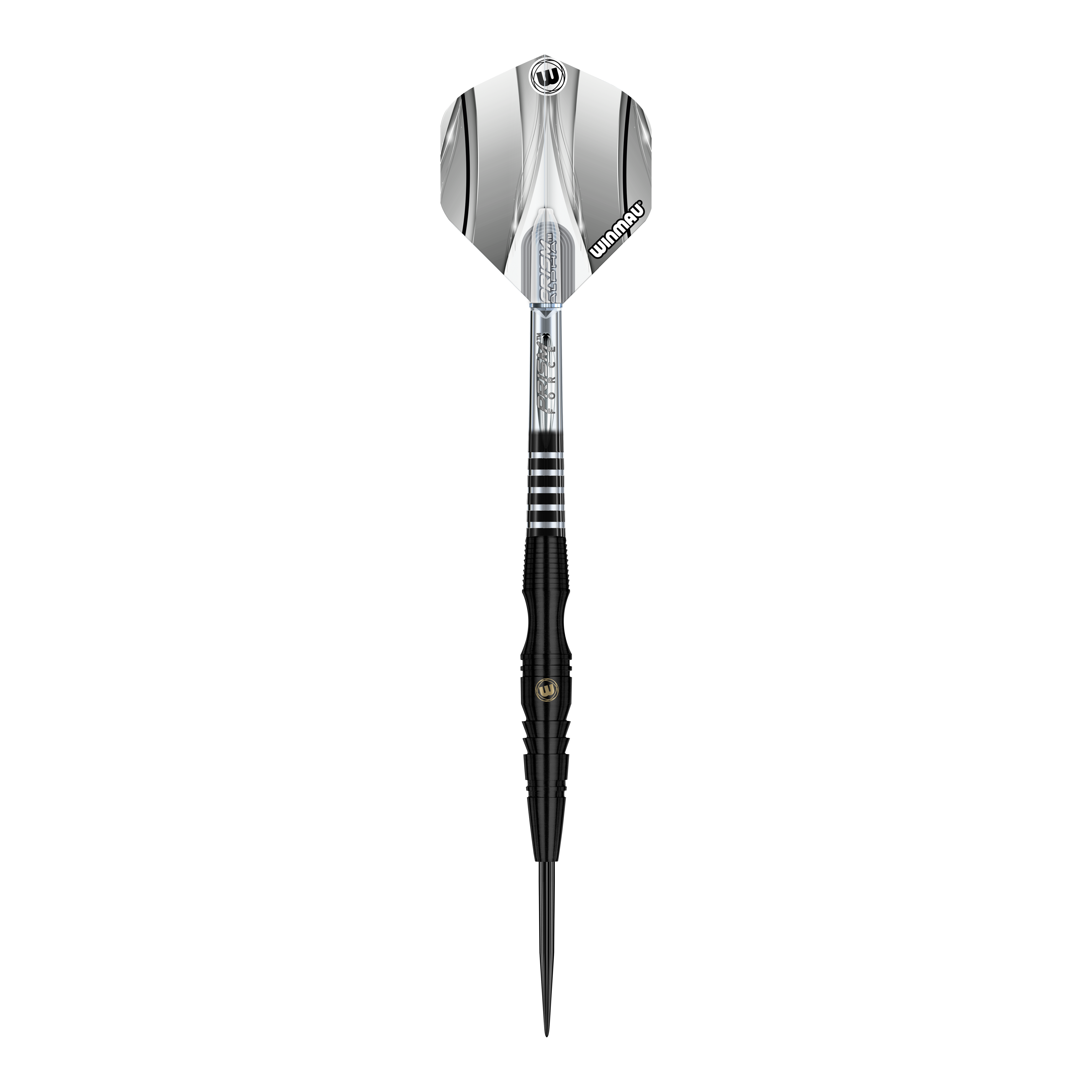 Winmau Sniper Black steel darts Das Bild zeigt einen Winmau Sniper Black Steeldart. Der Dart ist überwiegend schwarz mit silbernen Akzenten und einem stilvollen Design.