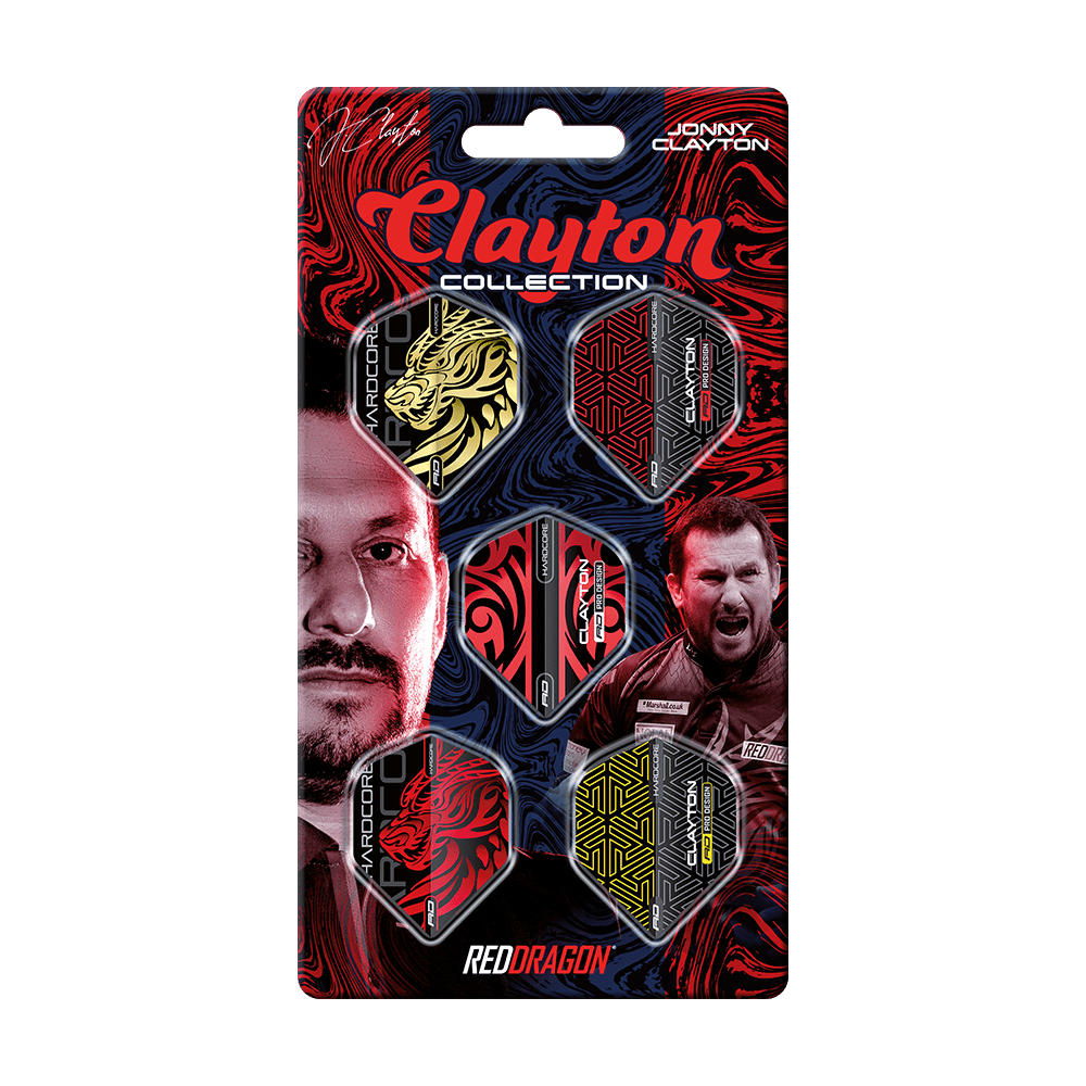 X0800_Red_Dragon_Jonny_Clayton_Flight_Collection_1 Das Bild zeigt die "Red Dragon Jonny Clayton Flight Collection" mit fünf verschiedenen Dart-Flights. Auf der Verpackung sind auch zwei Fotos von Jonny Clayton abgebildet.