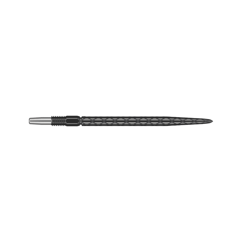 Target Swiss Diamond Pro Black Points dart tips Das Bild zeigt eine schwarze Dartspitze mit rautenförmiger Struktur. Sie ist lang und schmal mit einem silbernen Gewinde am Ende.