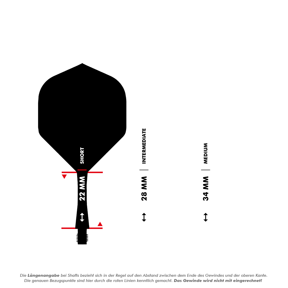 Winmau Fusion Flight Shaft System Standard Clear Das Bild zeigt die Längenangaben für verschiedene Dartshafts, wobei der kurze Shaft mit 22 mm gekennzeichnet ist. Außerdem sind die Längen für "Intermediate" mit 28 mm und "Medium" mit 34 mm dargestellt.