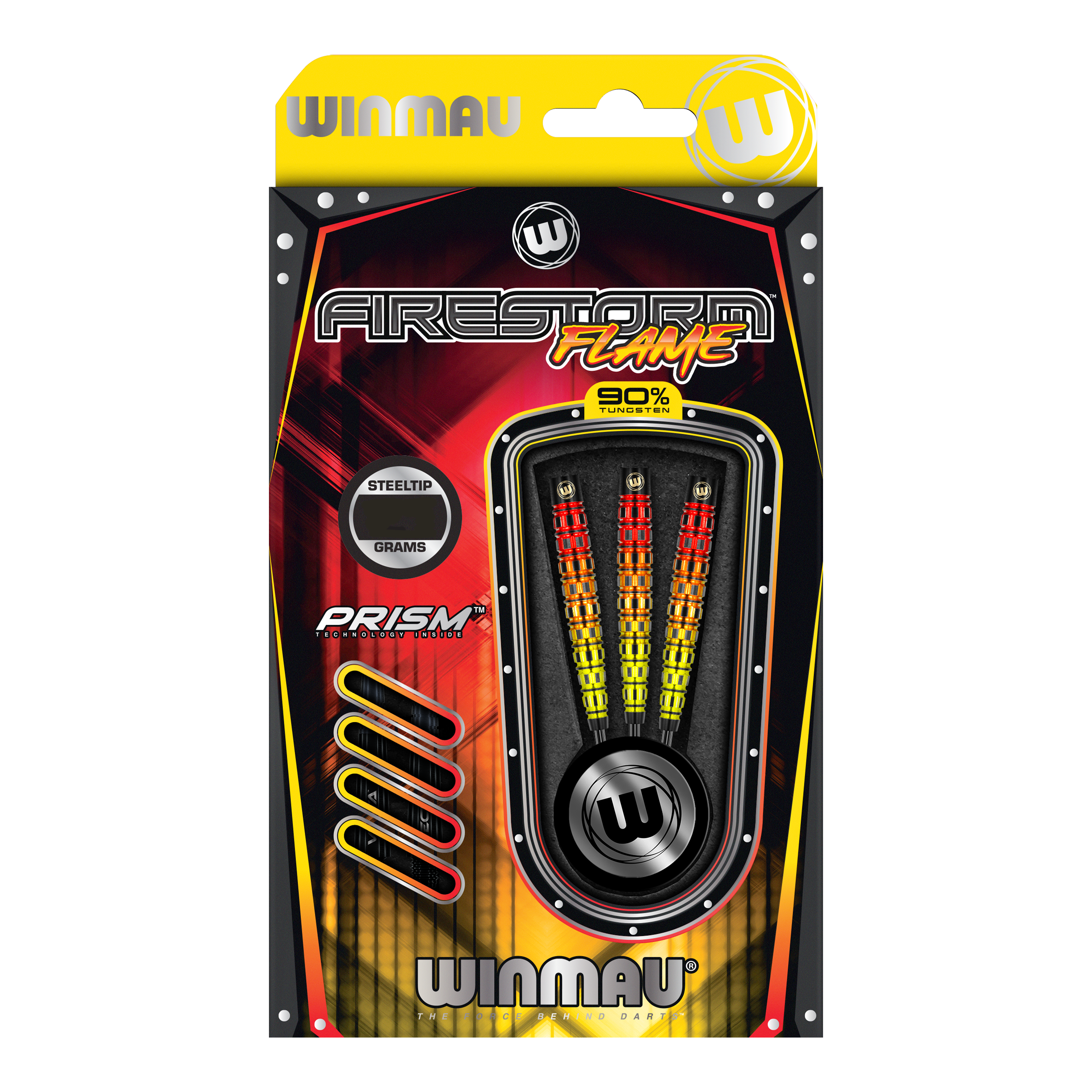 Winmau Firestorm Flame Tapered Steeldarts Das Bild zeigt die Verpackung der "Winmau Firestorm Flame Tapered Steeldarts". In der Verpackung sind drei bunte Stahlspitzendarts mit einem auffälligen Flammen-Design zu sehen.