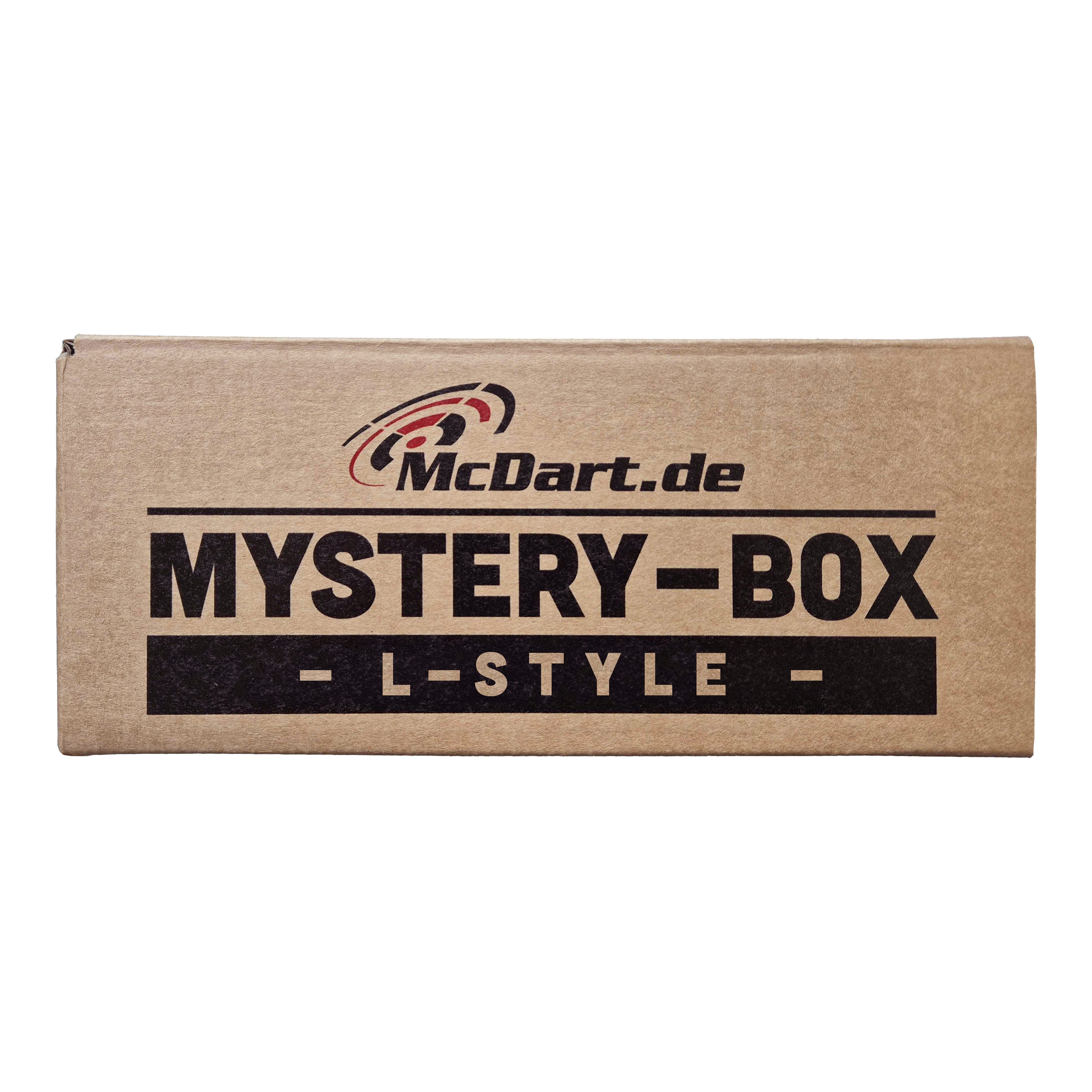 Auf dem Bild ist eine braune Box mit der Aufschrift "McDart.de Mystery-Box - L-Style -" zu sehen. Die Box sieht verschlossen aus und weckt Neugier auf den Inhalt.