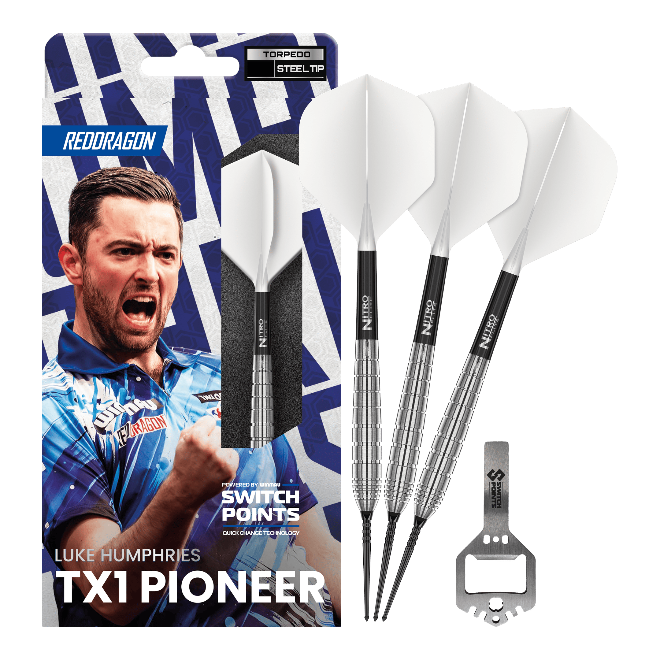 Red Dragon Luke Humphries TX1 Pioneer Switch Point Steel Darts Dieses Bild zeigt die Red Dragon Luke Humphries TX1 Pioneer Switch Point Steeldarts in voller Ansicht. Die Darts sind für Präzision und hohe Leistung bekannt.