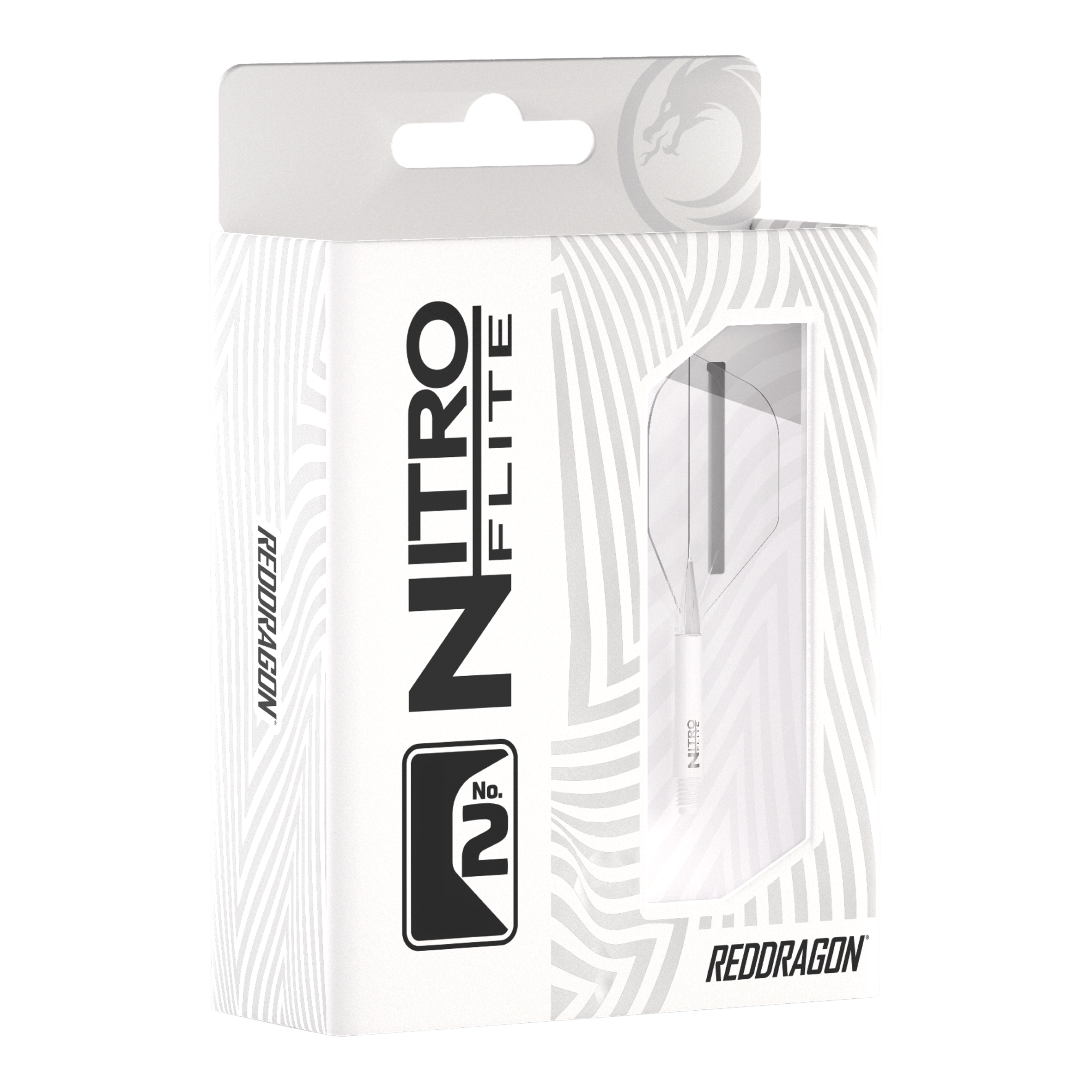 Die Abbildung zeigt die Verpackung der „Red Dragon Nitroflite - White Shaft Clear No2 Flights“. Die Verpackung ist überwiegend weiß und hat ein Sichtfenster, durch das die Dartflights zu sehen sind.